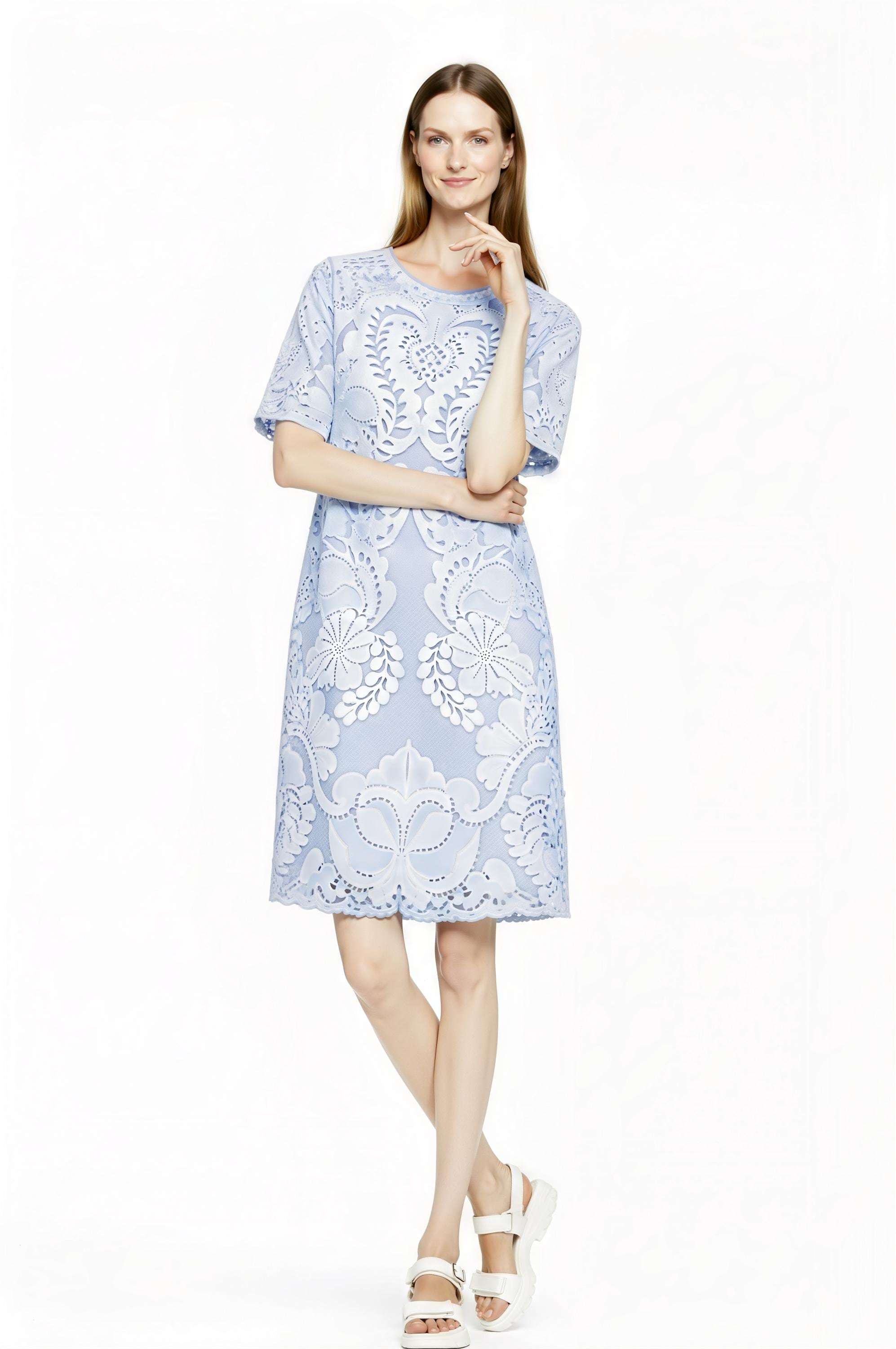 Powder Blue Lace Print T-Shirt Dress, Short Sleeve Relaxed Fit Summer Outfit