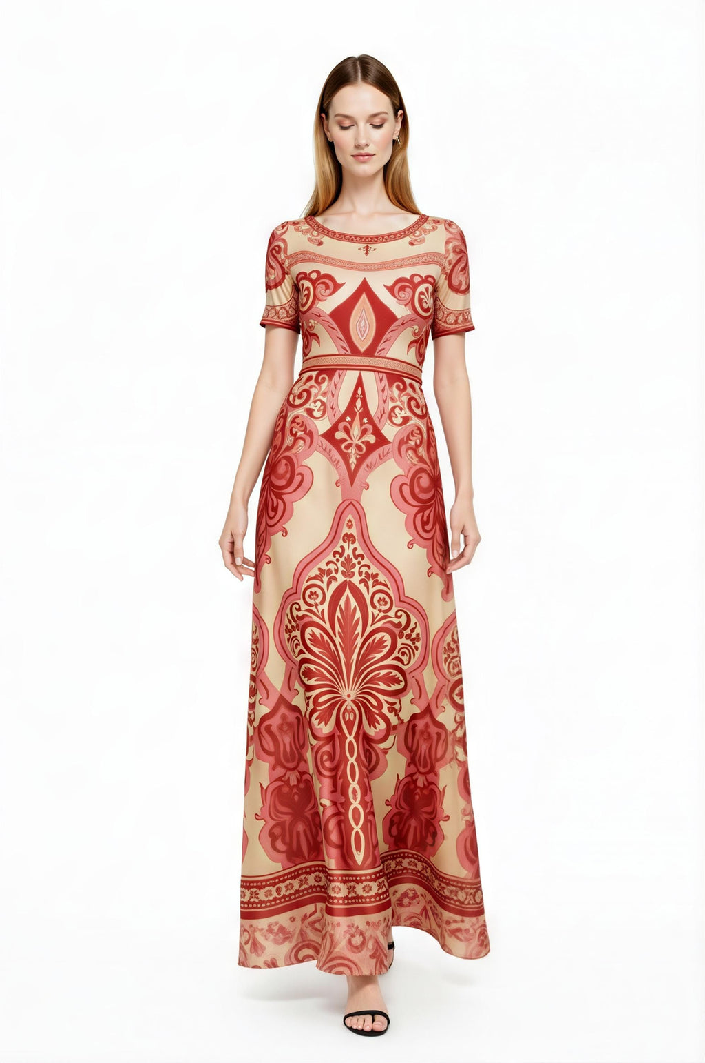 Red Vintage Print A-Line Maxi Dress, Boho Summer Bohemian Style with Pockets