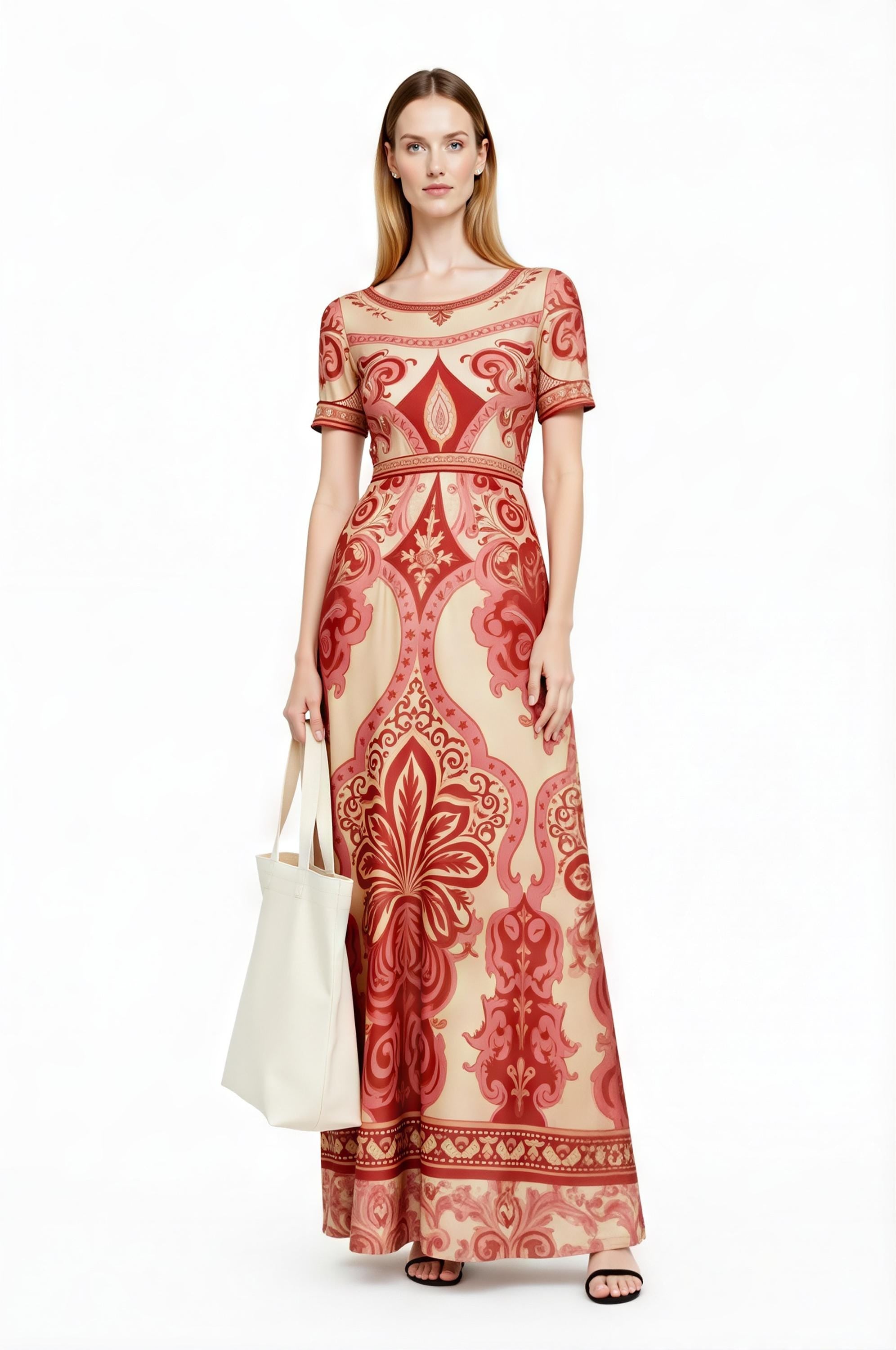 Red Vintage Print A-Line Maxi Dress, Boho Summer Bohemian Style with Pockets