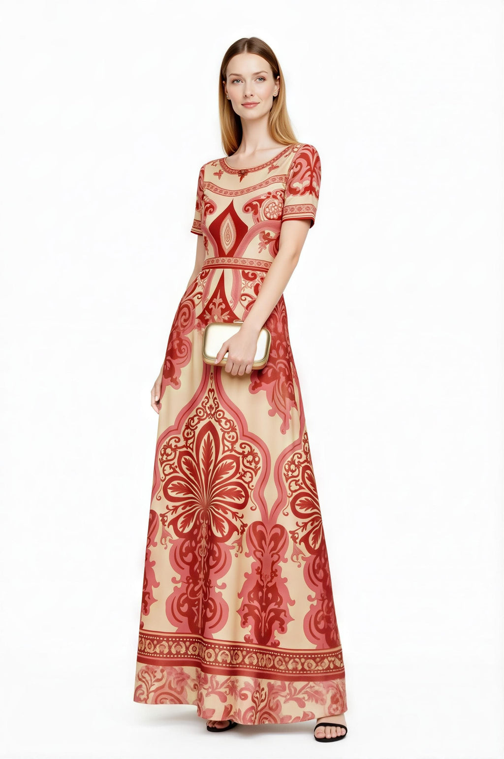 Red Vintage Print A-Line Maxi Dress, Boho Summer Bohemian Style with Pockets