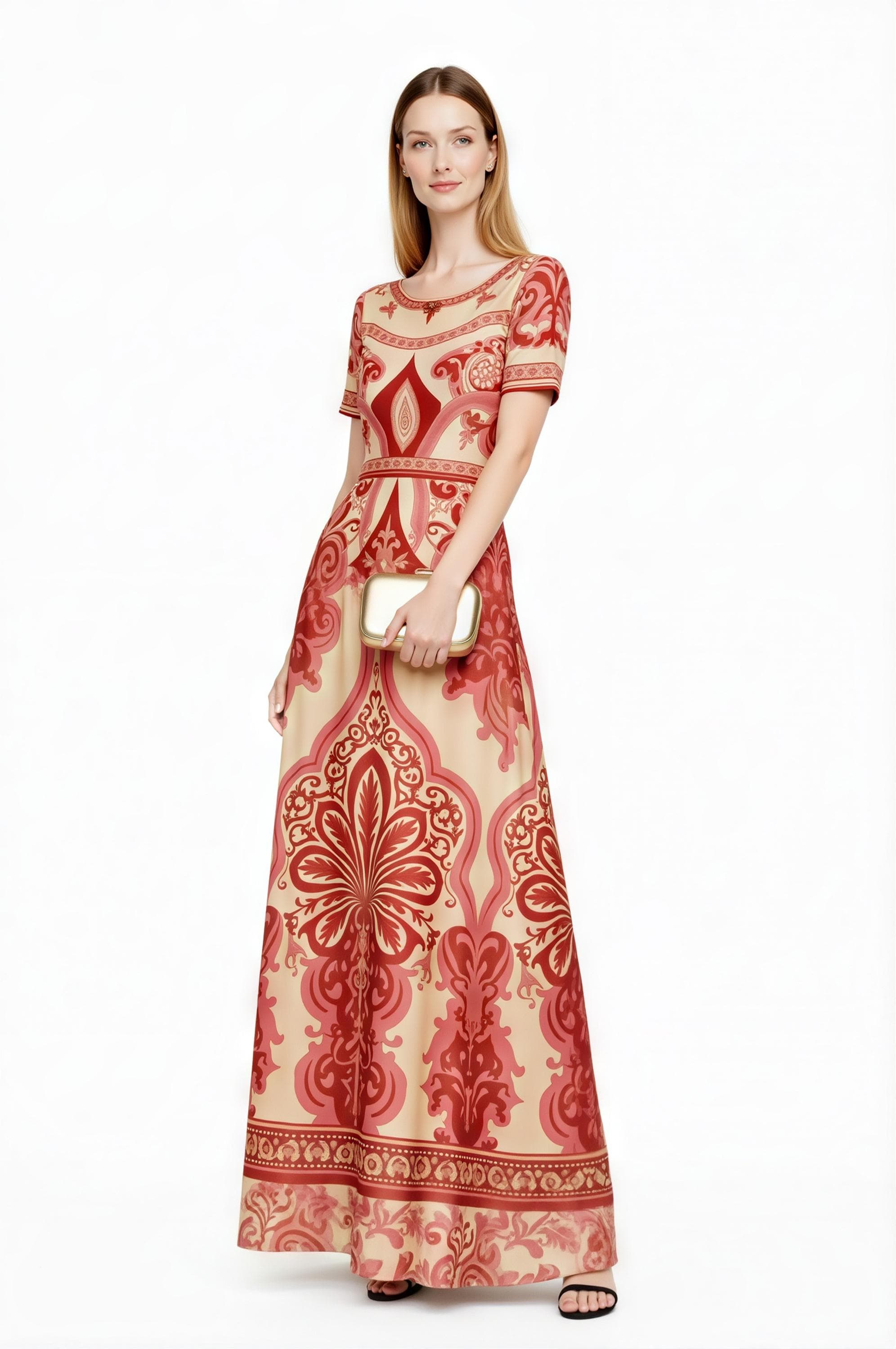 Red Vintage Print A-Line Maxi Dress, Boho Summer Bohemian Style with Pockets