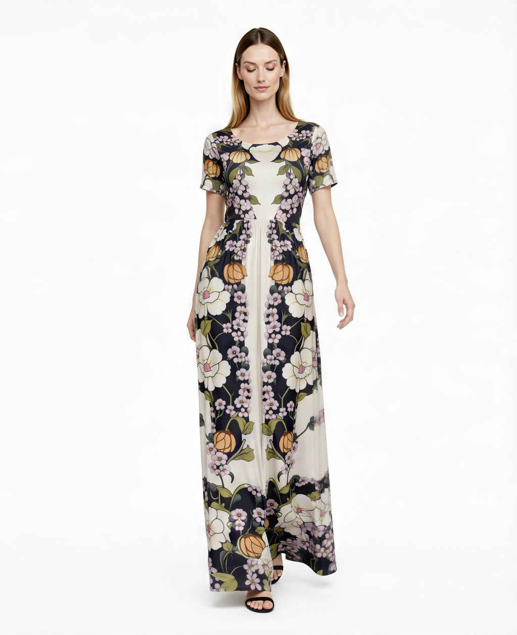 Vintage Floral Placement Print Maxi Dress, Ivory Black Elegant Long Dress