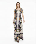 Vintage Floral Placement Print Maxi Dress, Ivory Black Elegant Long Dress