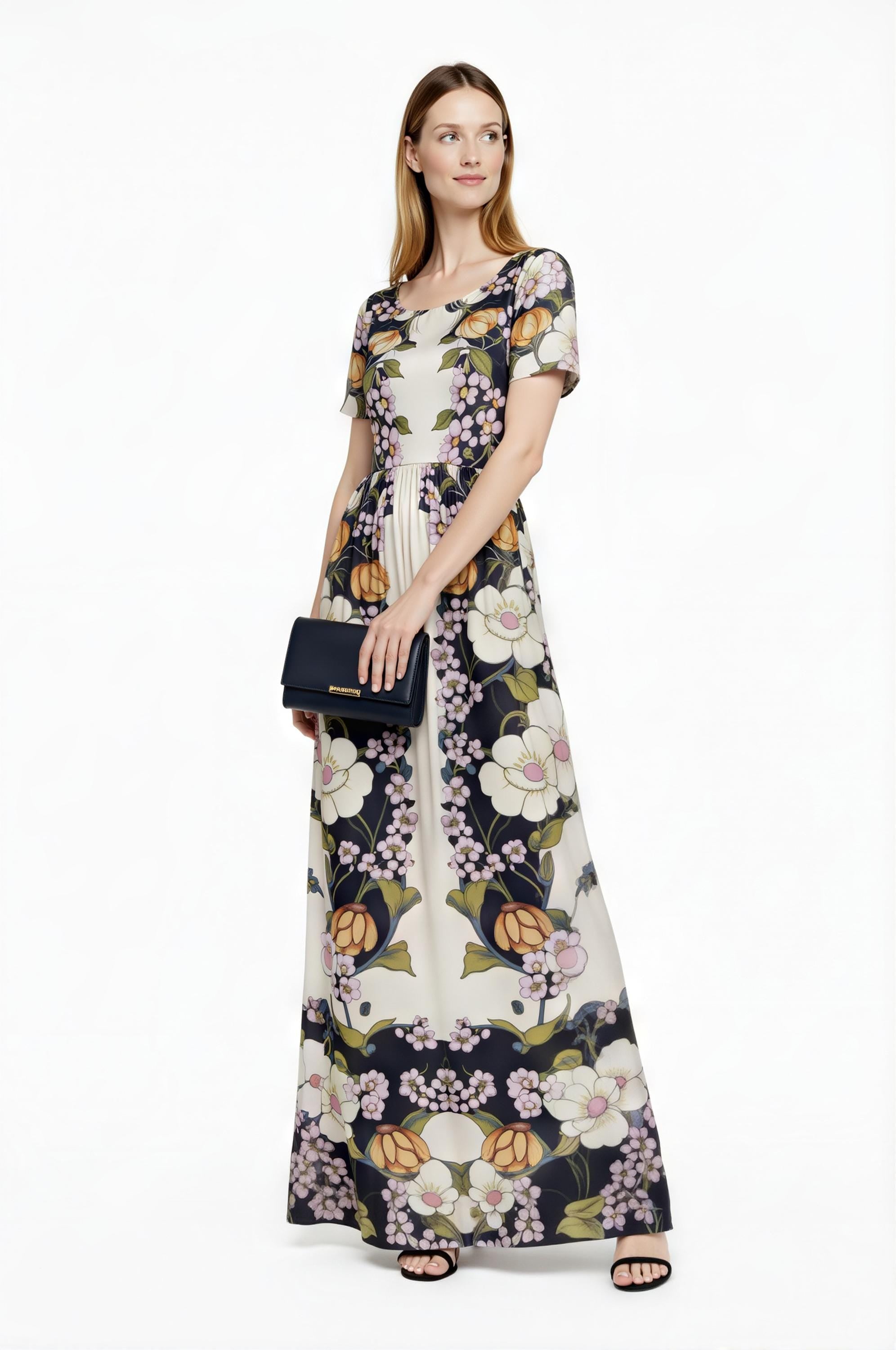 Vintage Floral Placement Print Maxi Dress, Ivory Black Elegant Long Dress
