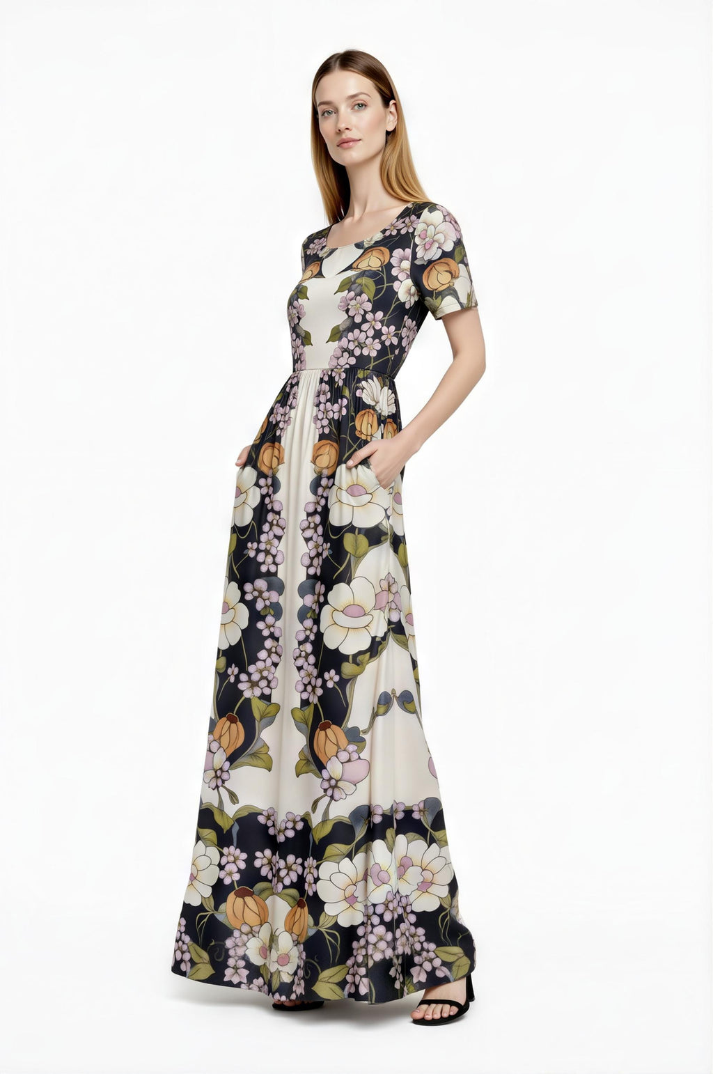 Vintage Floral Placement Print Maxi Dress, Ivory Black Elegant Long Dress
