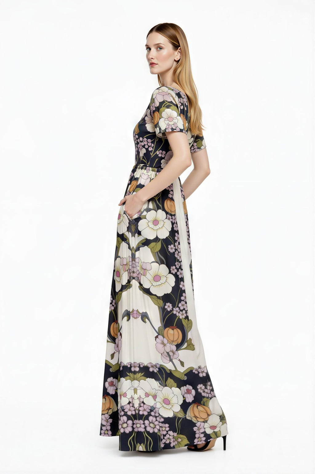 Vintage Floral Placement Print Maxi Dress, Ivory Black Elegant Long Dress