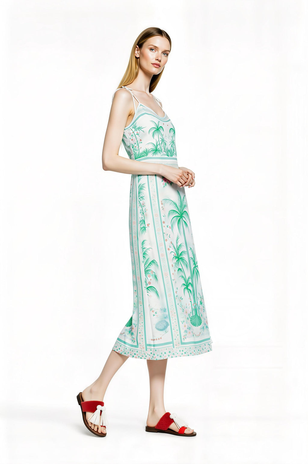 White Palm Tree Print Midi Slip Dress with Adjustable Tie Straps Tropical Border Design