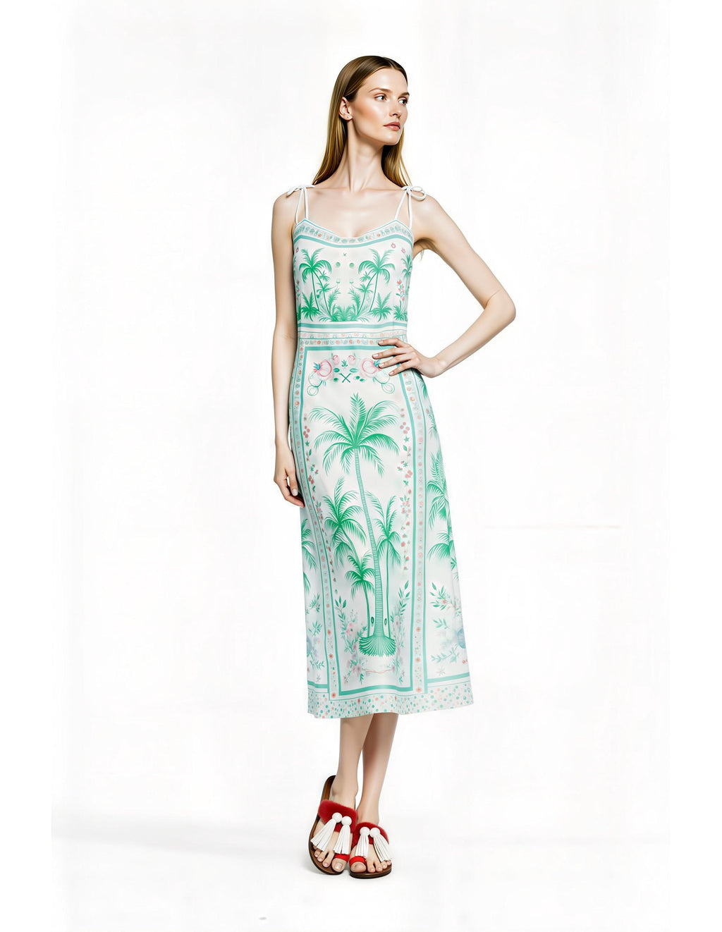 White Palm Tree Print Midi Slip Dress with Adjustable Tie Straps Tropical Border Design