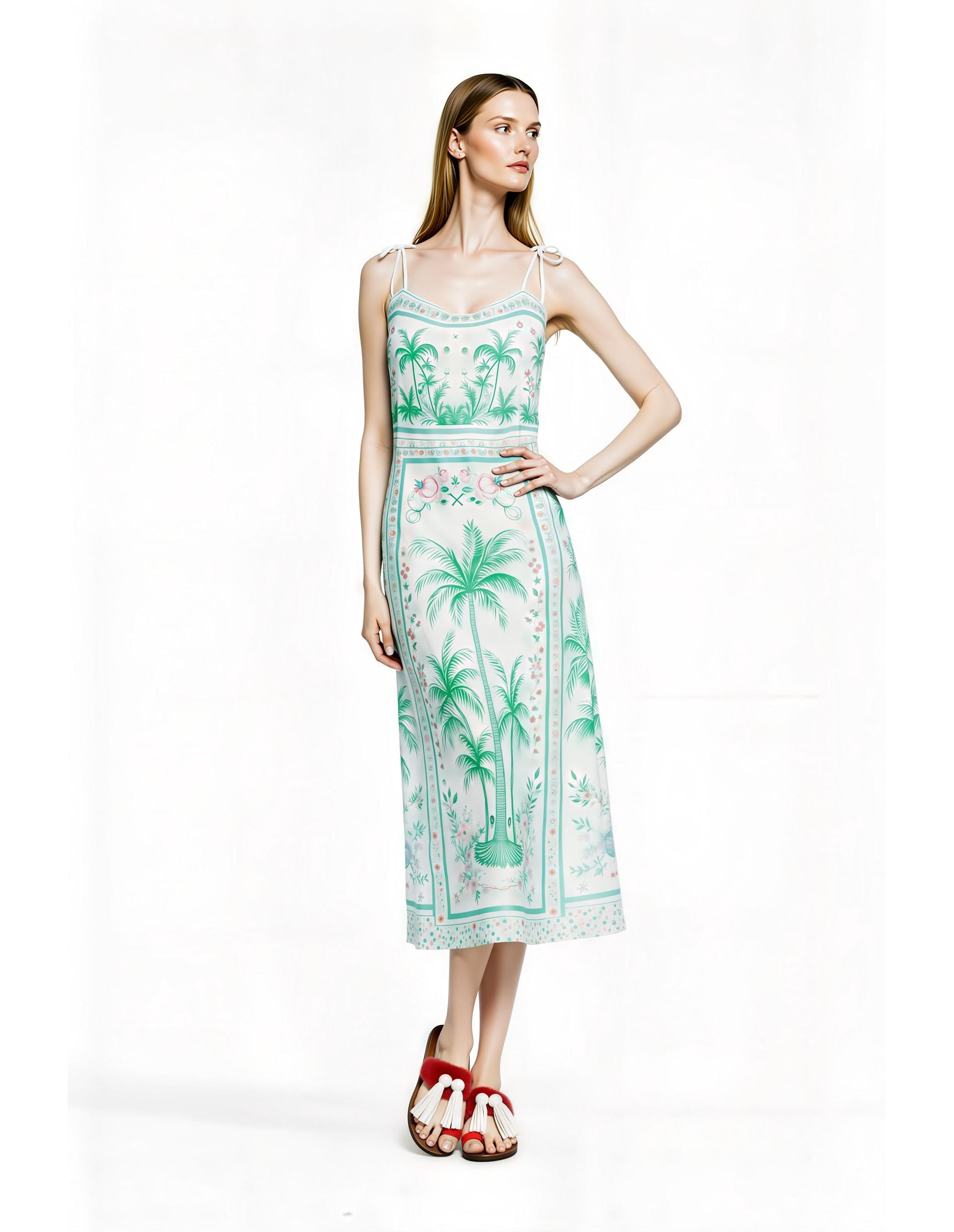 White Palm Tree Print Midi Slip Dress with Adjustable Tie Straps Tropical Border Design