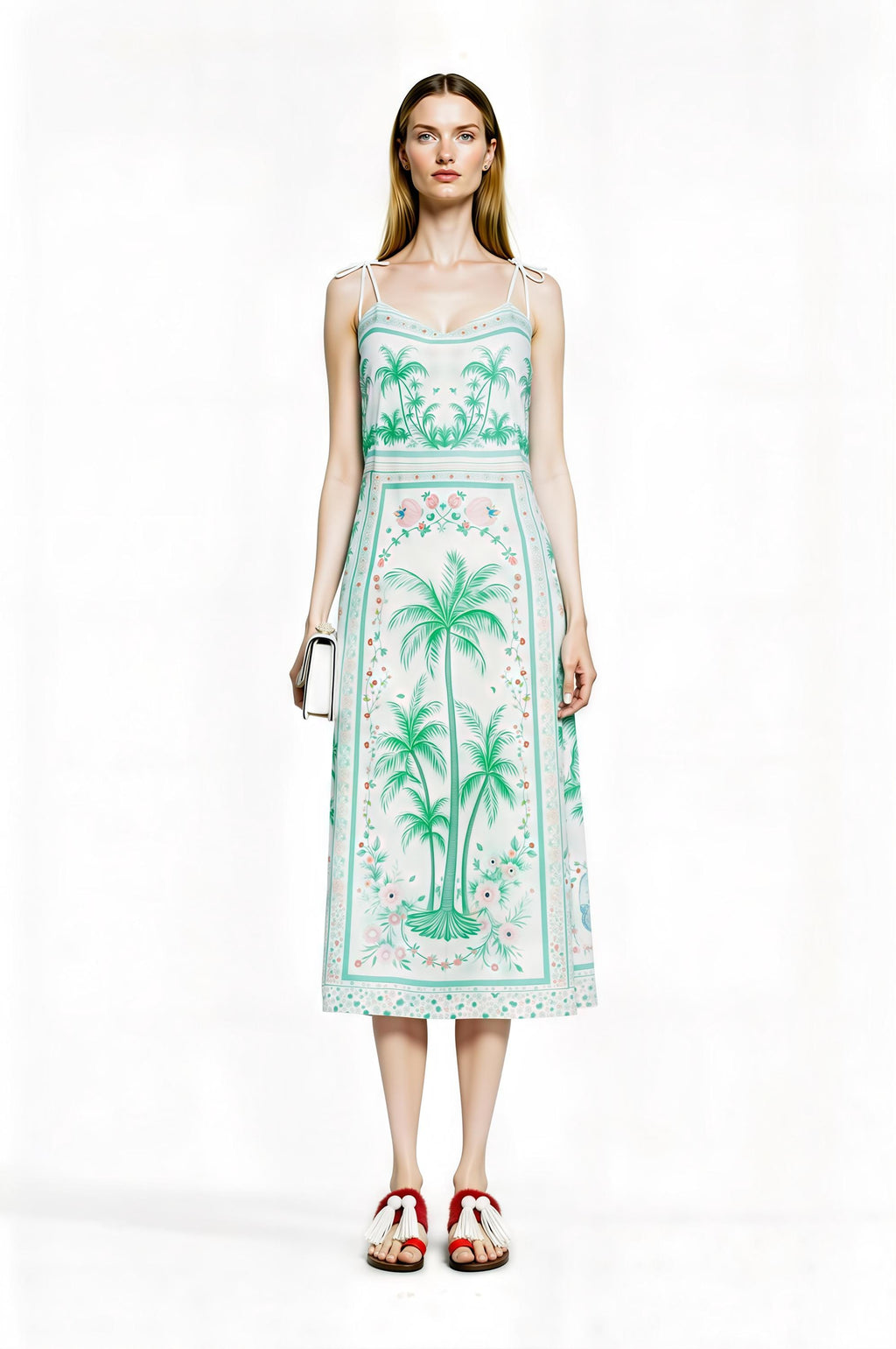 White Palm Tree Print Midi Slip Dress with Adjustable Tie Straps Tropical Border Design