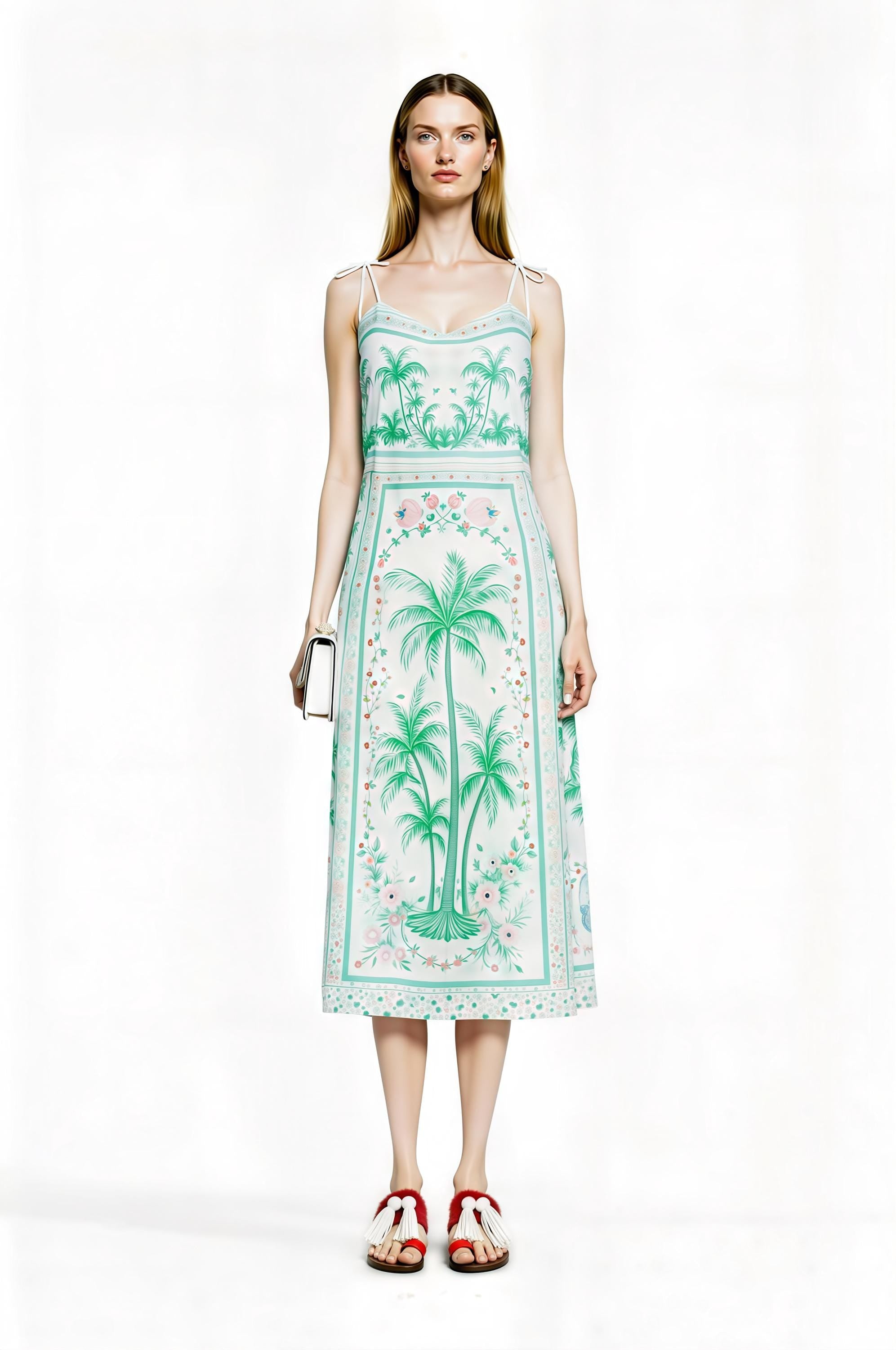 White Palm Tree Print Midi Slip Dress with Adjustable Tie Straps Tropical Border Design