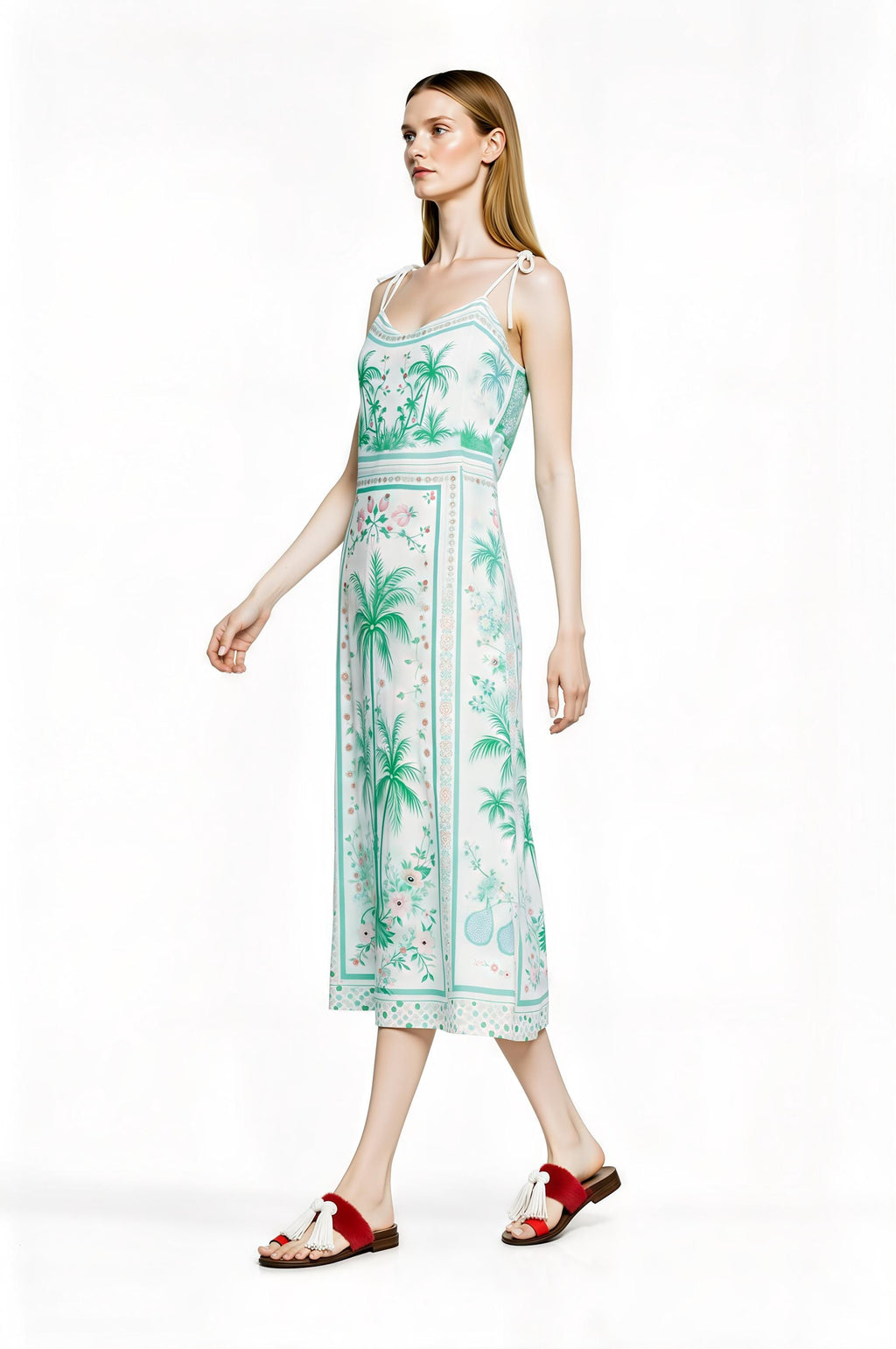 White Palm Tree Print Midi Slip Dress with Adjustable Tie Straps Tropical Border Design