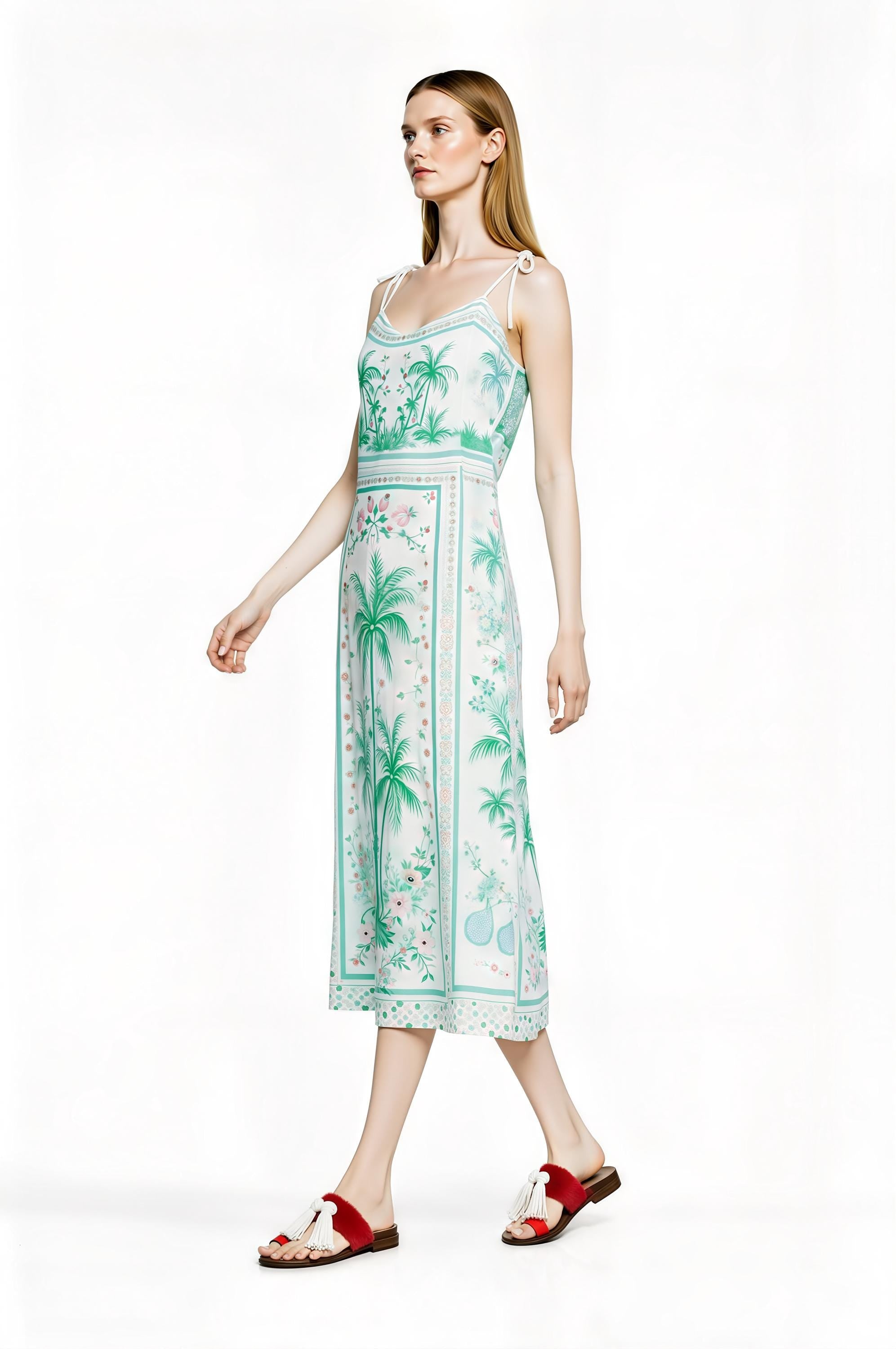 White Palm Tree Print Midi Slip Dress with Adjustable Tie Straps Tropical Border Design