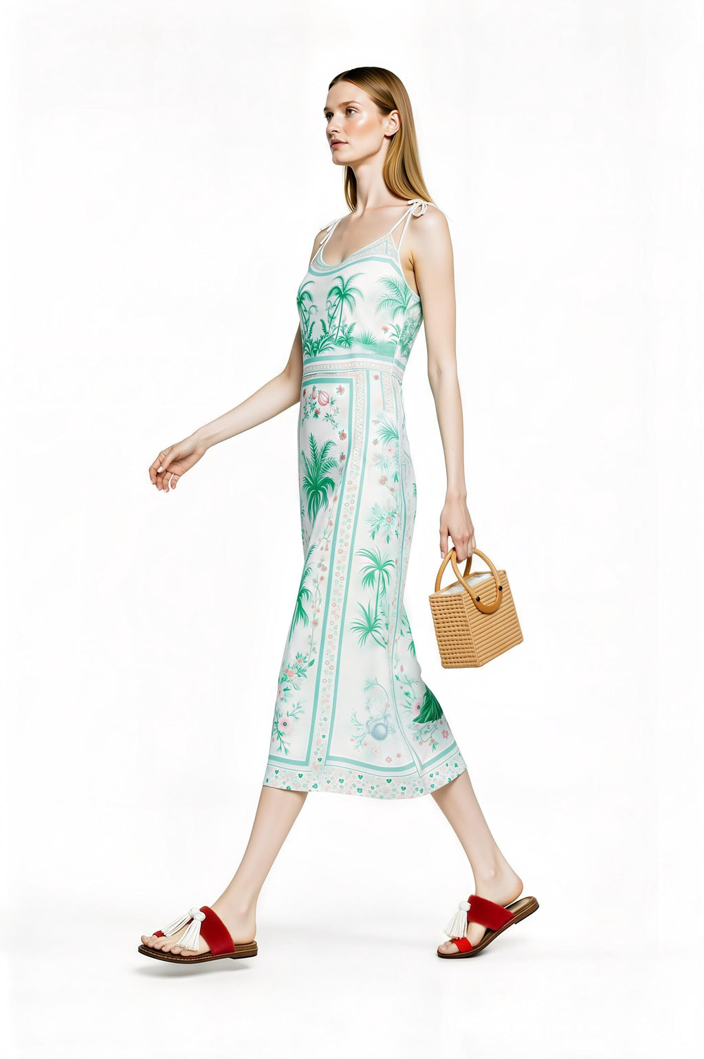 White Palm Tree Print Midi Slip Dress with Adjustable Tie Straps Tropical Border Design