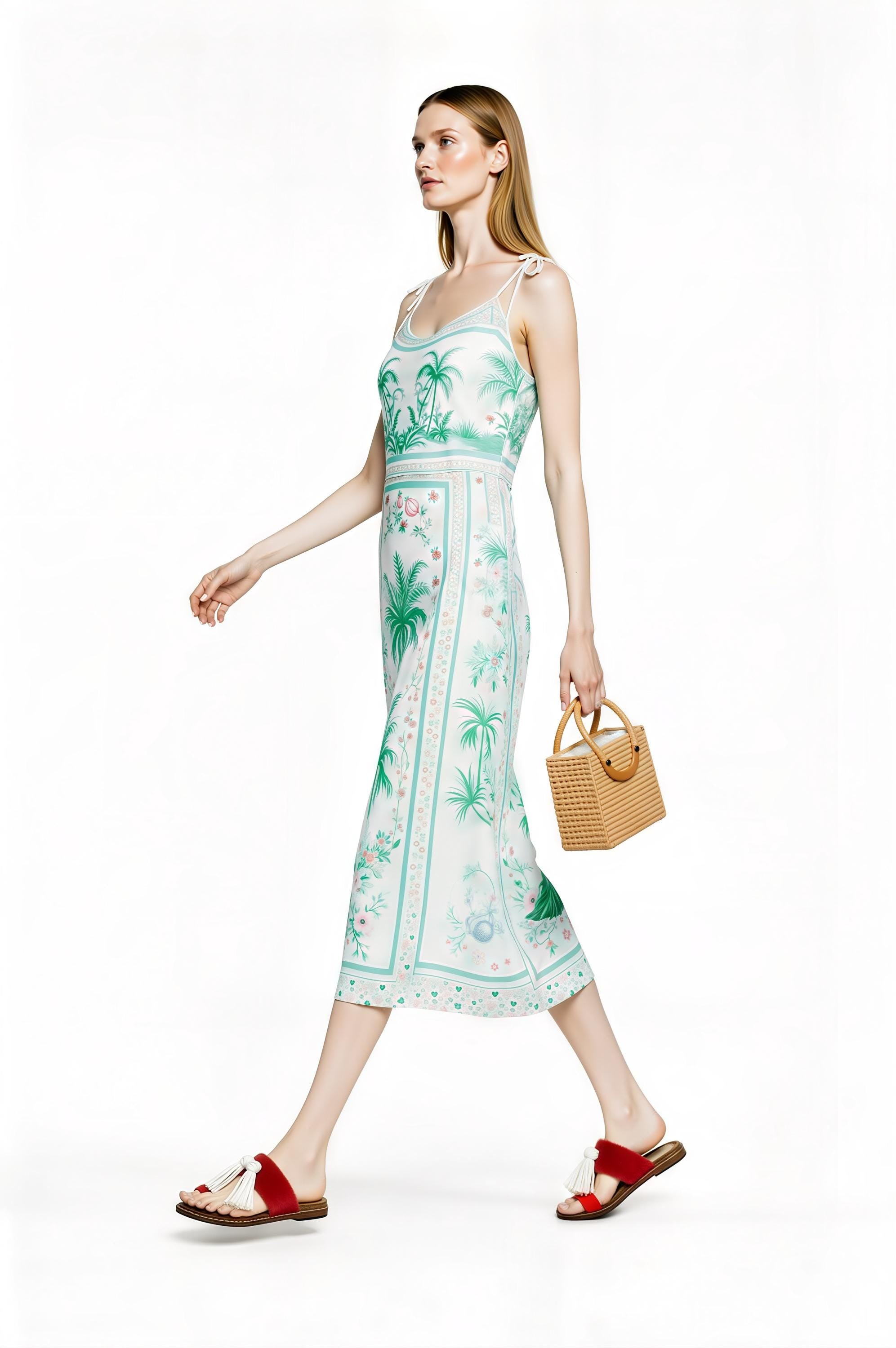 White Palm Tree Print Midi Slip Dress with Adjustable Tie Straps Tropical Border Design