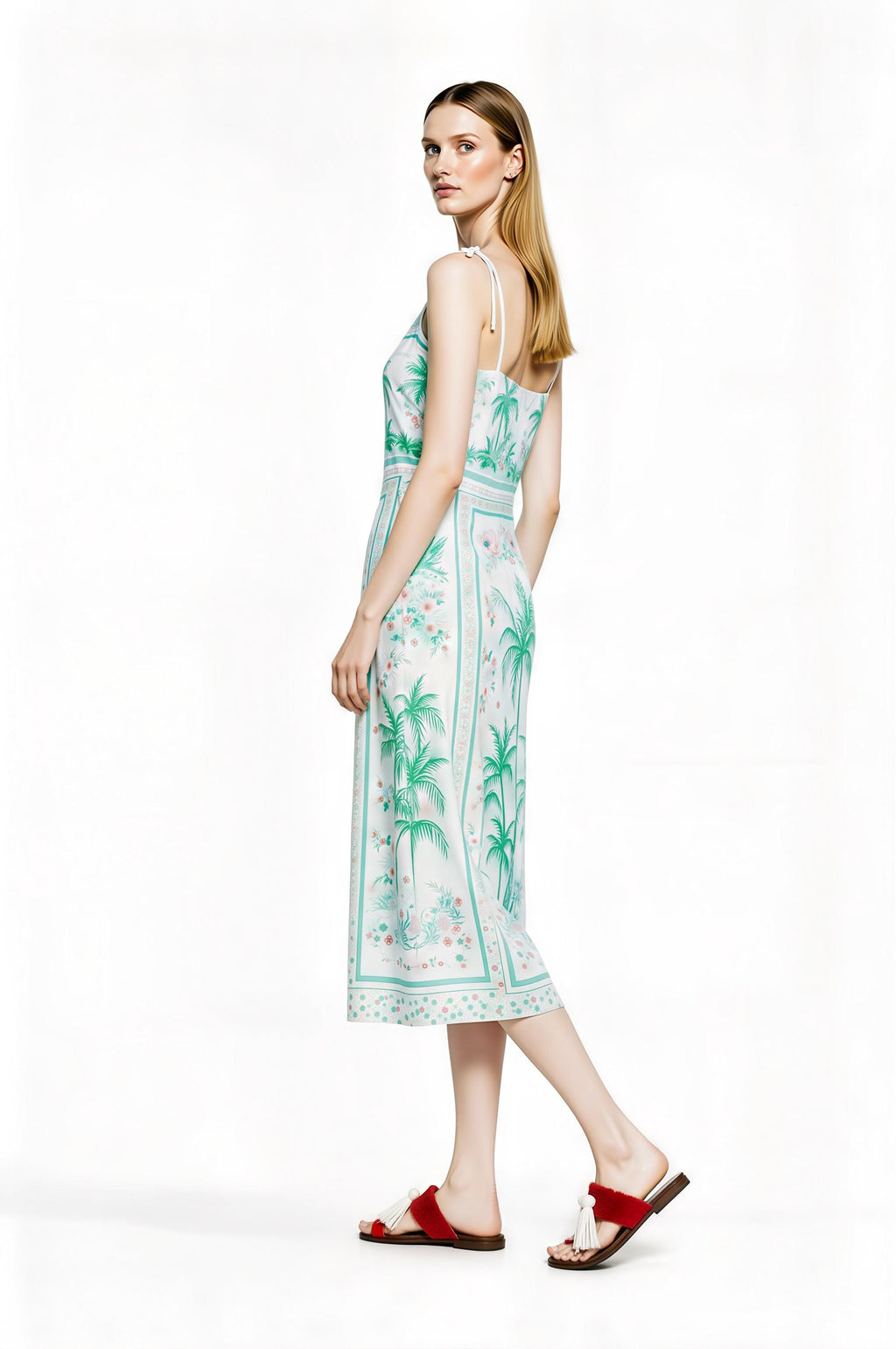White Palm Tree Print Midi Slip Dress with Adjustable Tie Straps Tropical Border Design