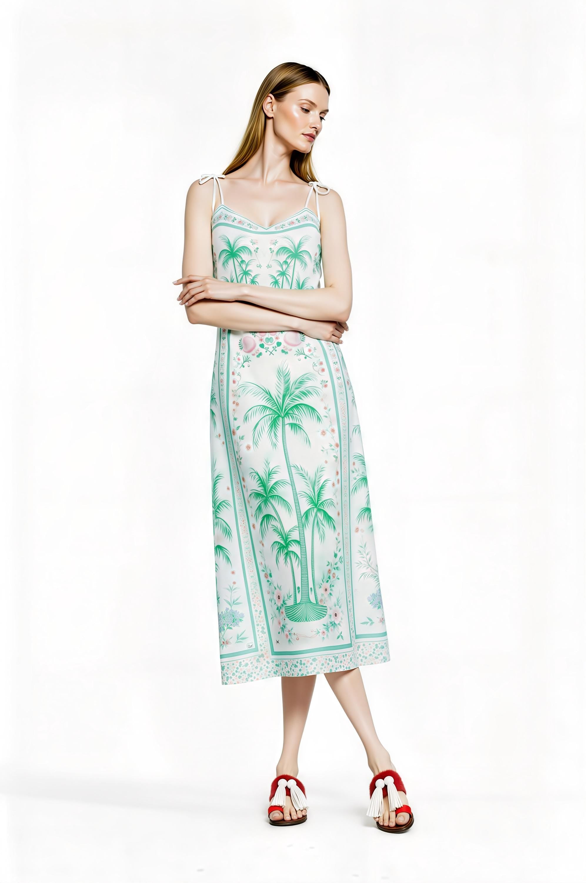 White Palm Tree Print Midi Slip Dress with Adjustable Tie Straps Tropical Border Design