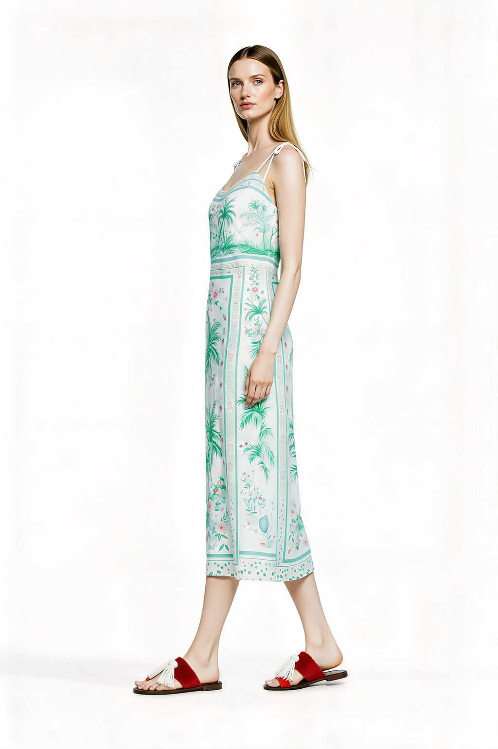 White Palm Tree Print Midi Slip Dress with Adjustable Tie Straps Tropical Border Design