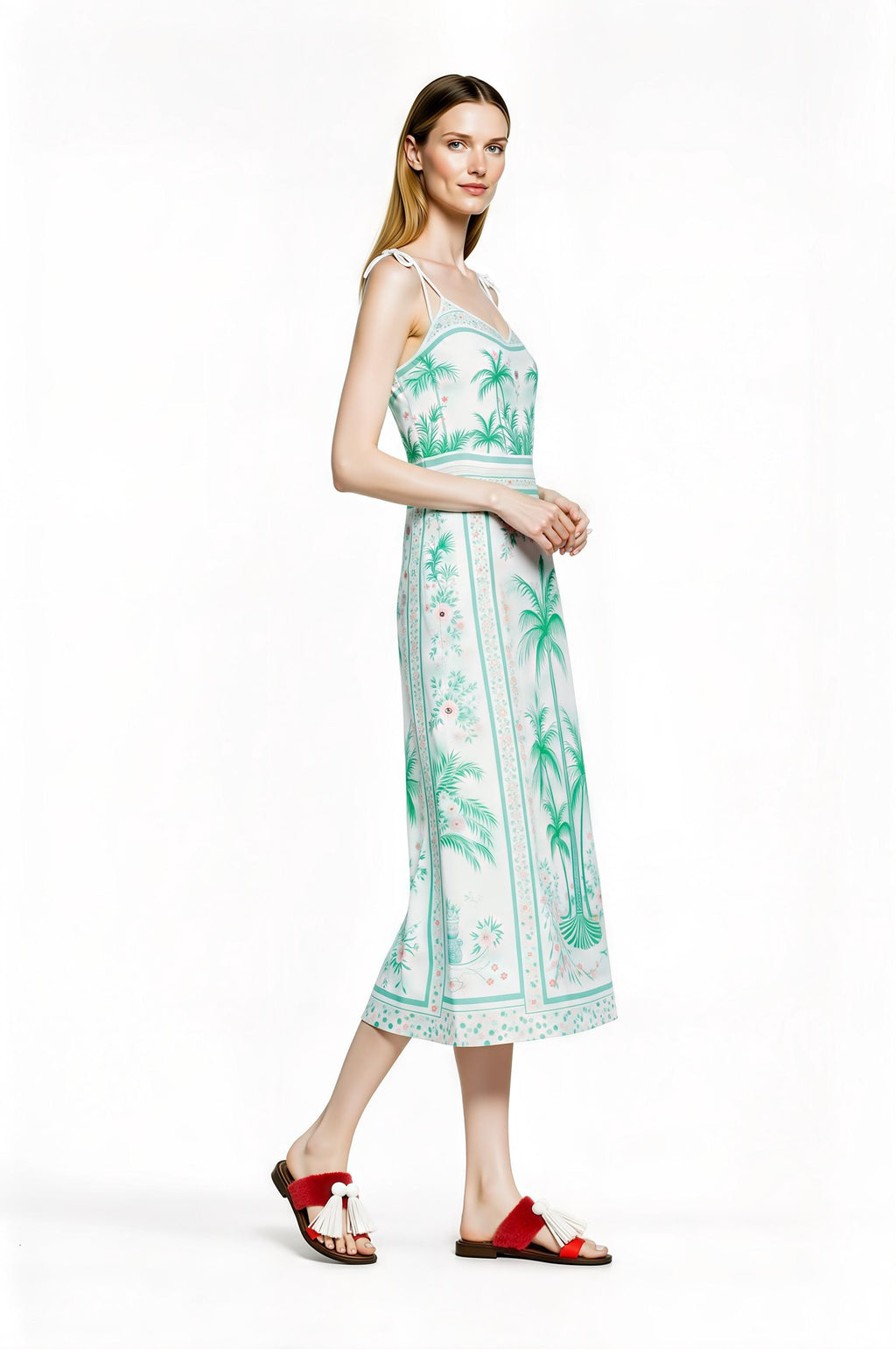 White Palm Tree Print Midi Slip Dress with Adjustable Tie Straps Tropical Border Design