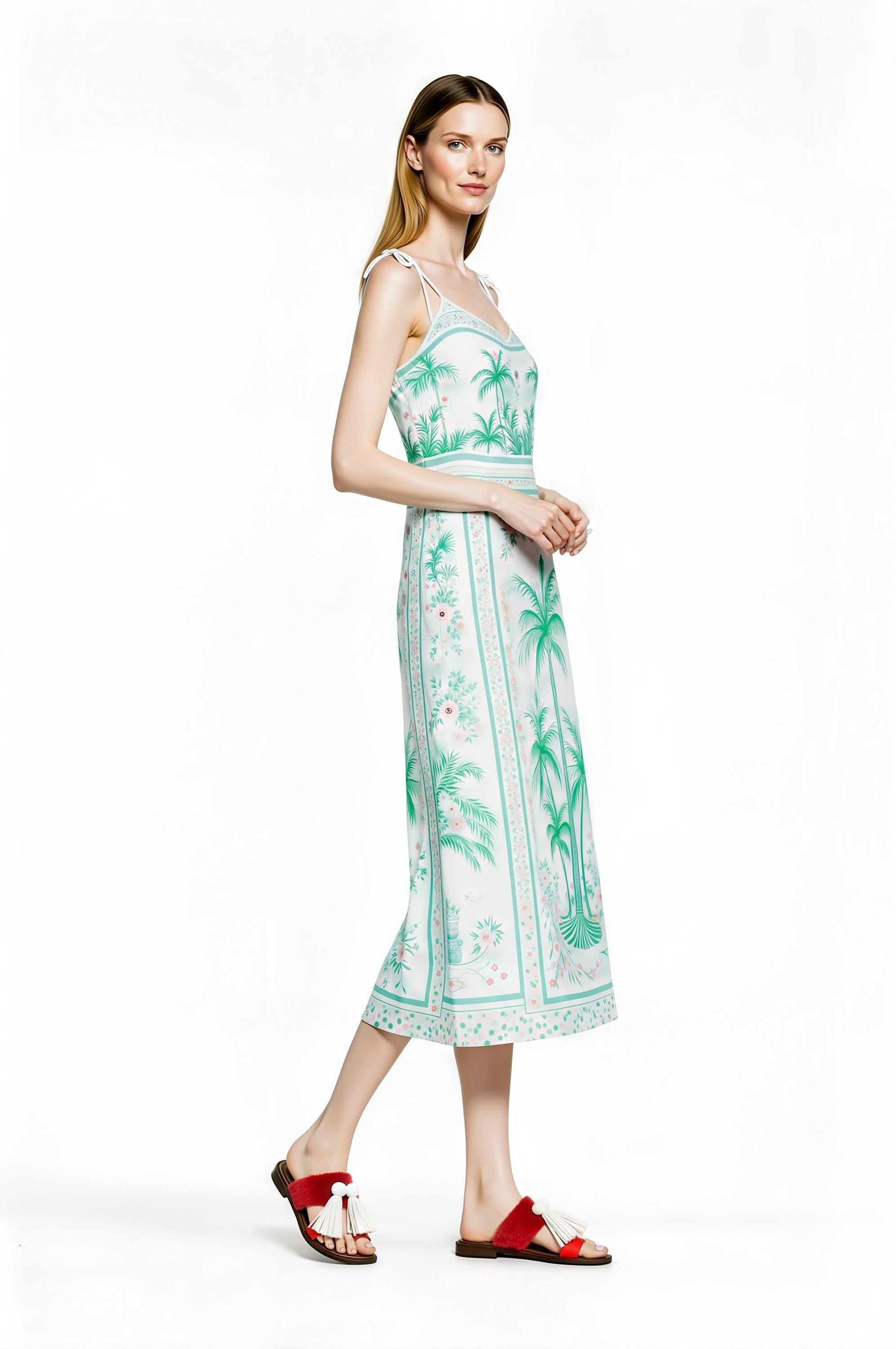White Palm Tree Print Midi Slip Dress with Adjustable Tie Straps Tropical Border Design