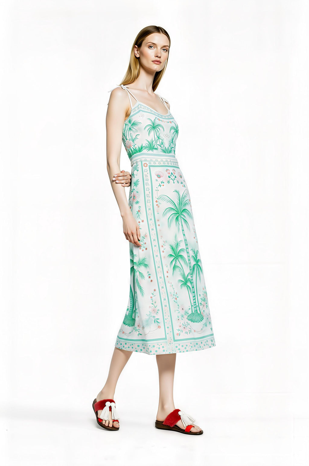 White Palm Tree Print Midi Slip Dress with Adjustable Tie Straps Tropical Border Design