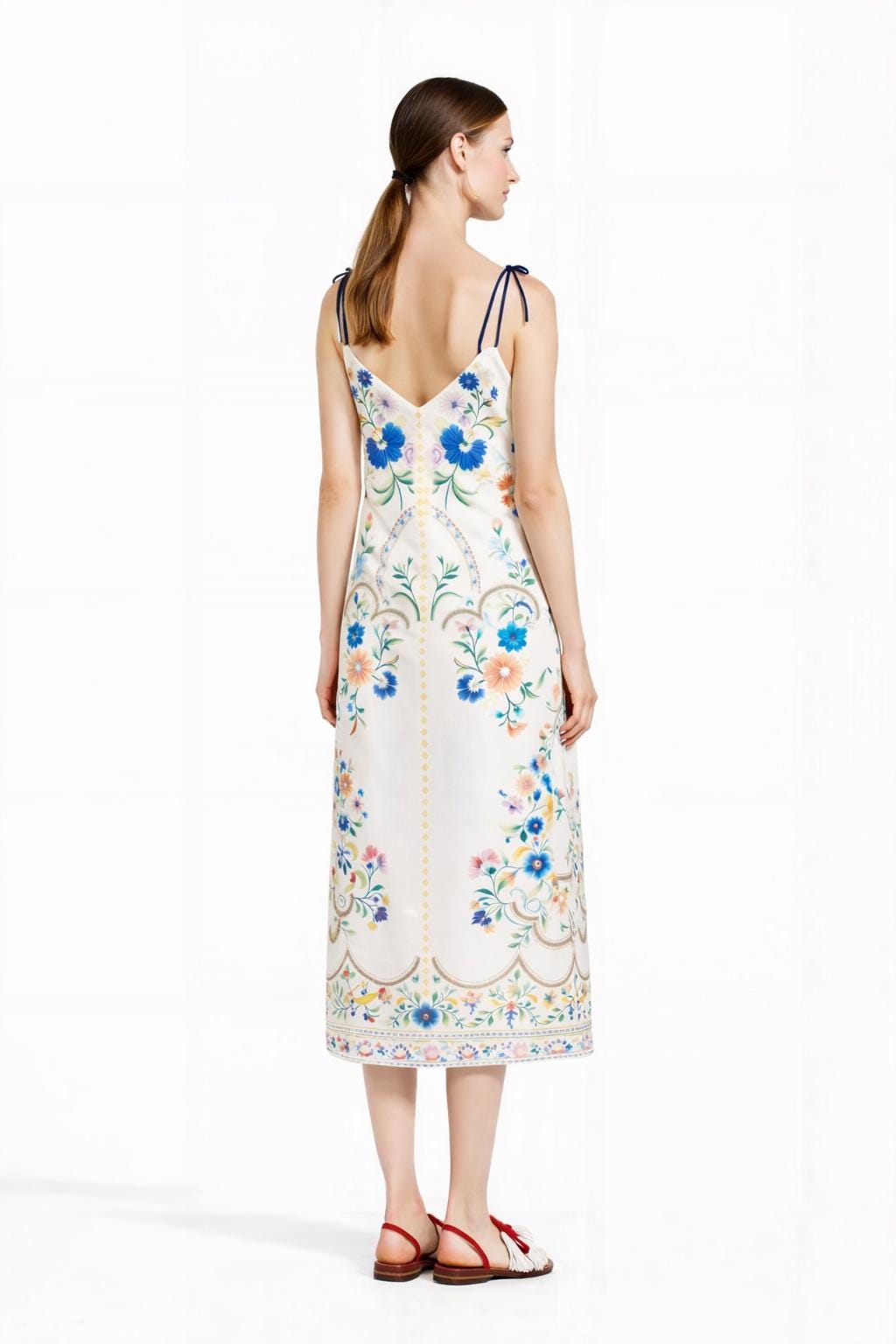 White and Blue Floral Midi Slip Dress with Adjustable Tie Straps Ornamental Print