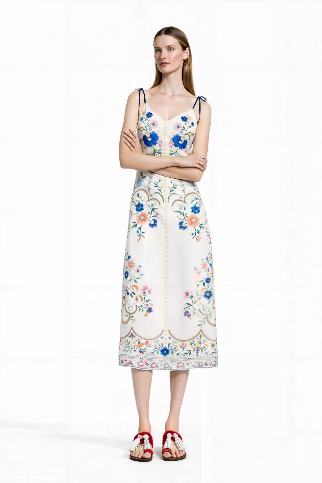 White and Blue Floral Midi Slip Dress with Adjustable Tie Straps Ornamental Print