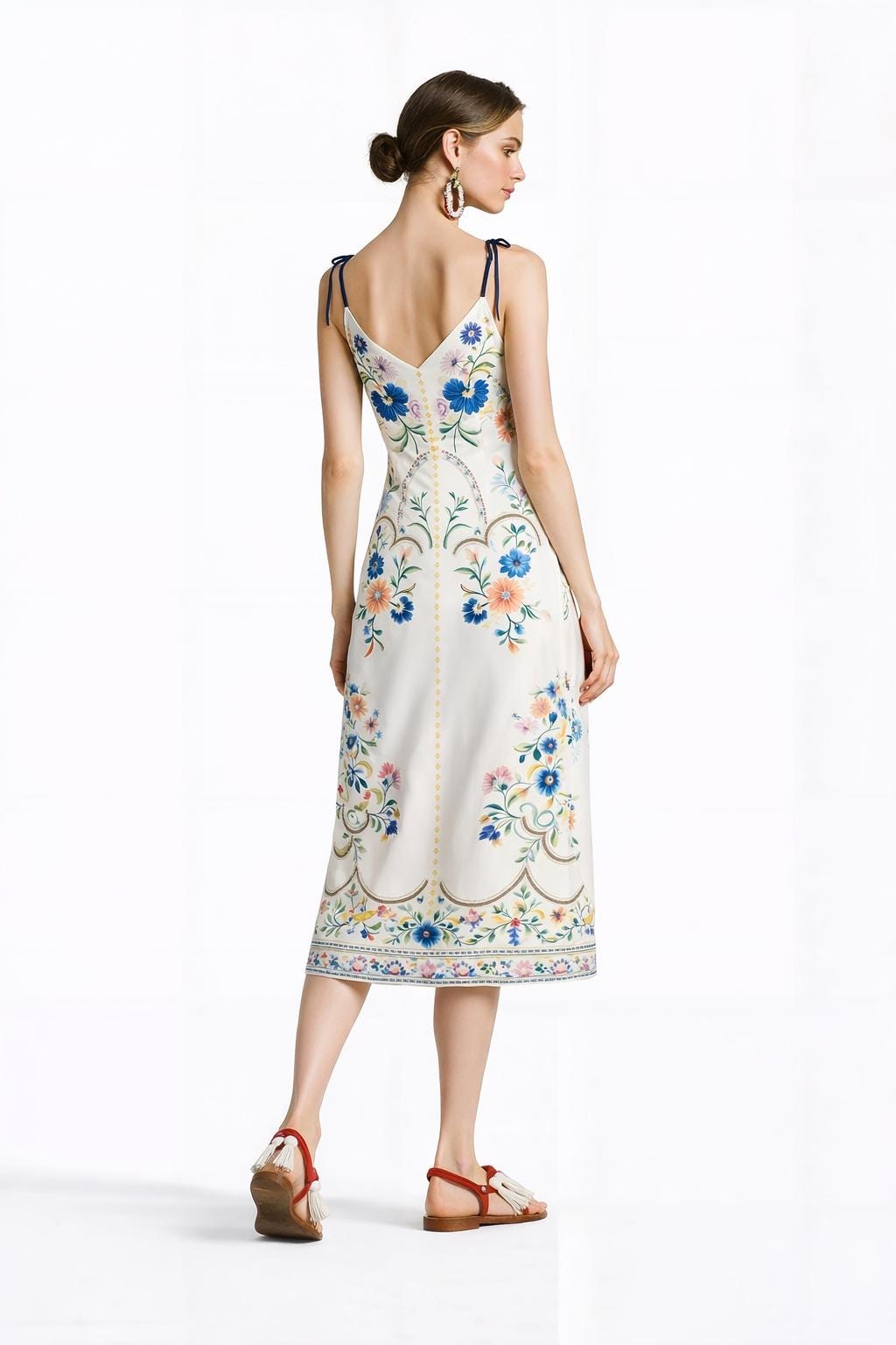 White and Blue Floral Midi Slip Dress with Adjustable Tie Straps Ornamental Print