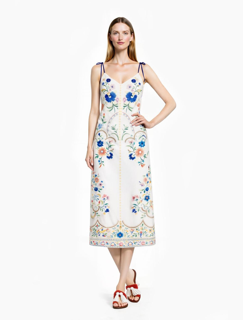 White and Blue Floral Midi Slip Dress with Adjustable Tie Straps Ornamental Print