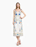 White and Blue Floral Midi Slip Dress with Adjustable Tie Straps Ornamental Print