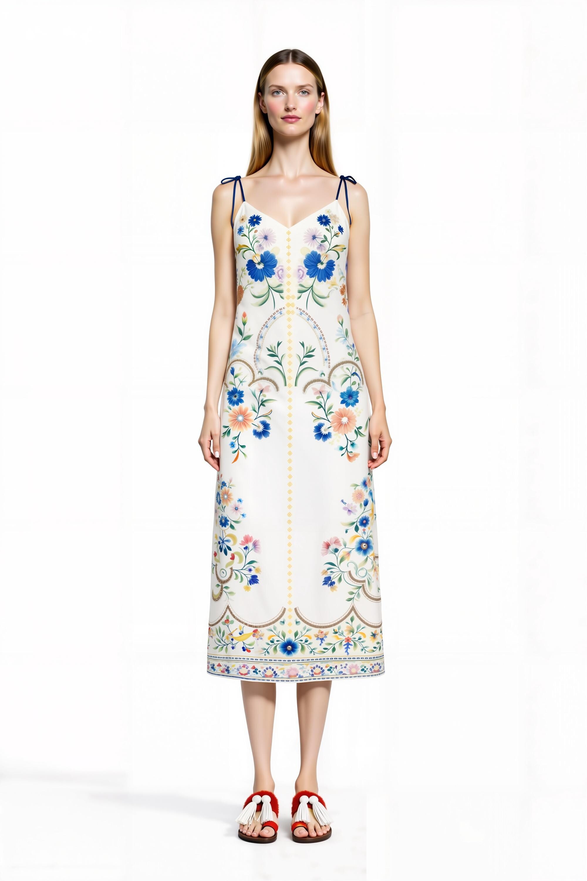 White and Blue Floral Midi Slip Dress with Adjustable Tie Straps Ornamental Print