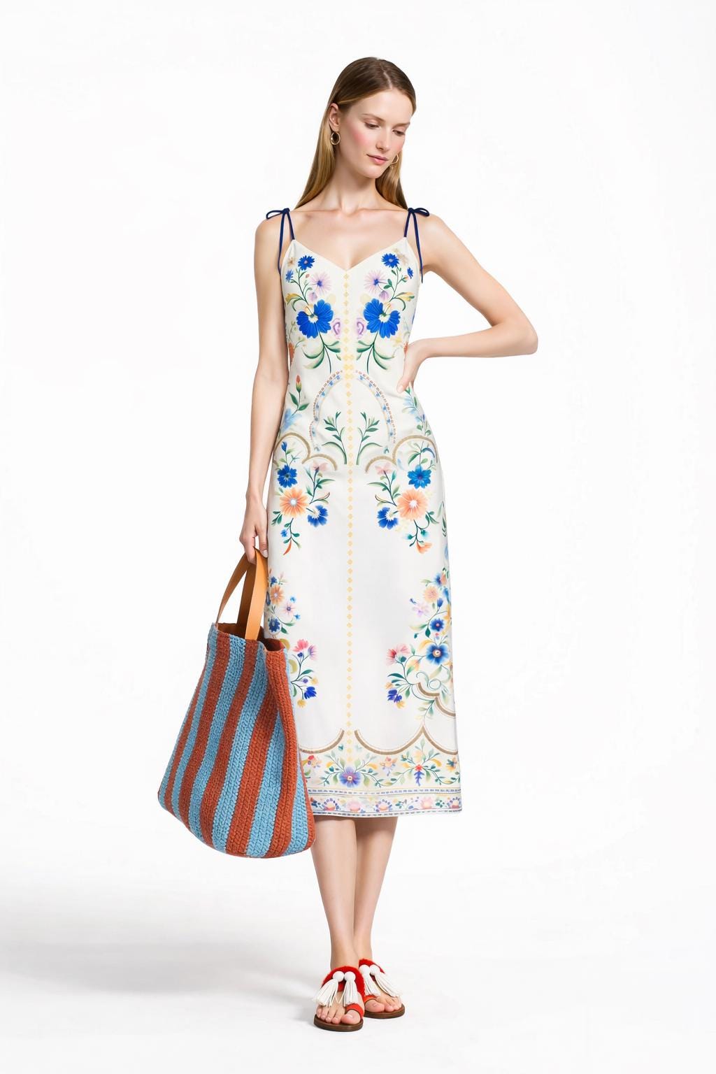 White and Blue Floral Midi Slip Dress with Adjustable Tie Straps Ornamental Print