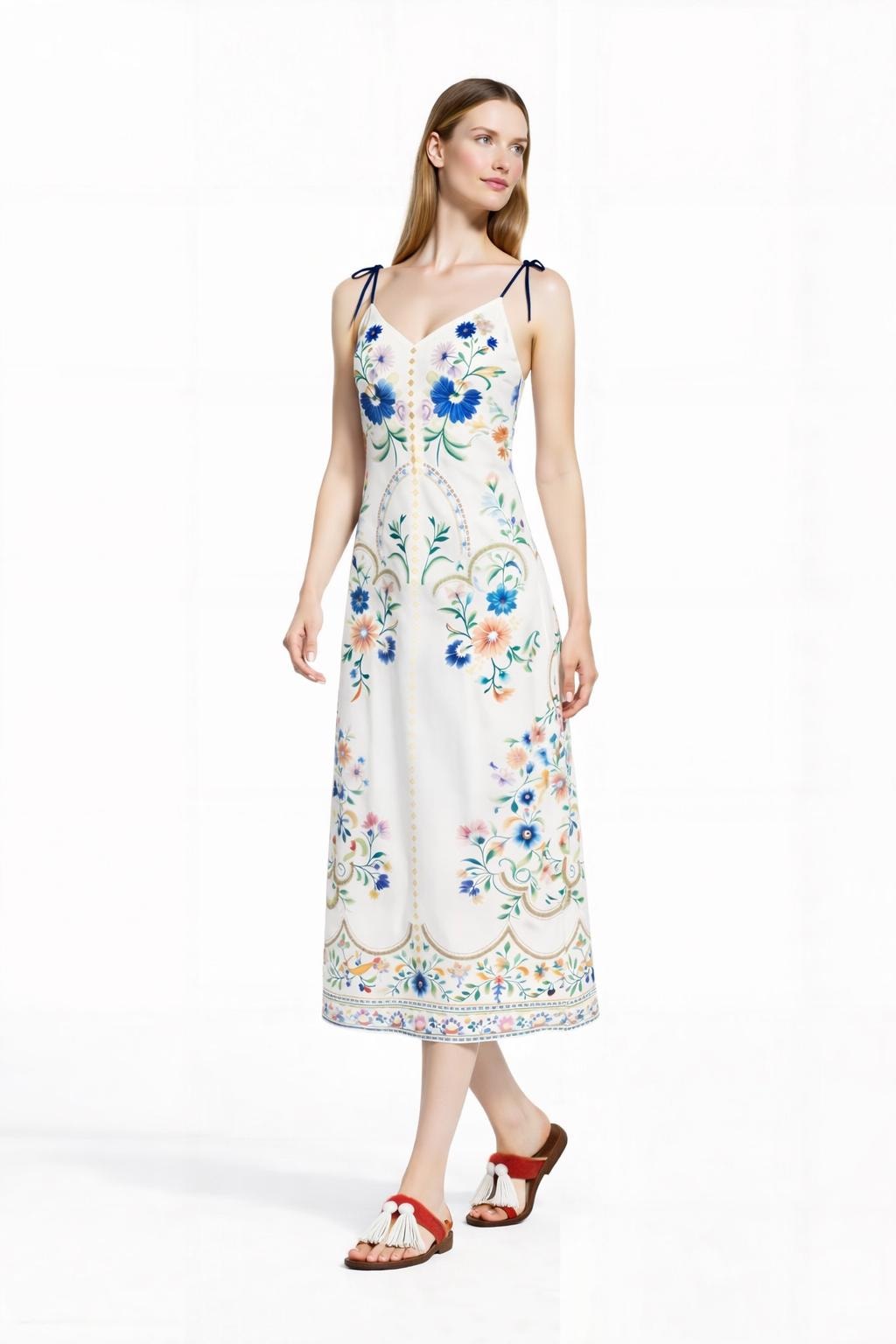 White and Blue Floral Midi Slip Dress with Adjustable Tie Straps Ornamental Print