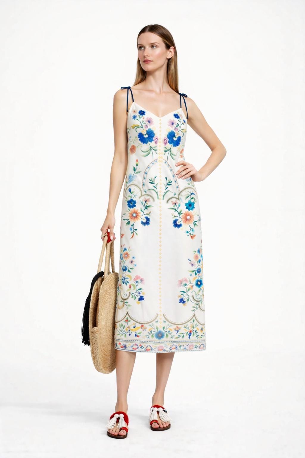 White and Blue Floral Midi Slip Dress with Adjustable Tie Straps Ornamental Print