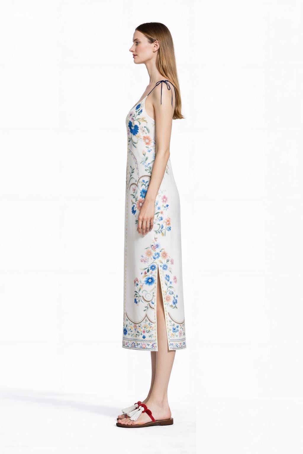 White and Blue Floral Midi Slip Dress with Adjustable Tie Straps Ornamental Print