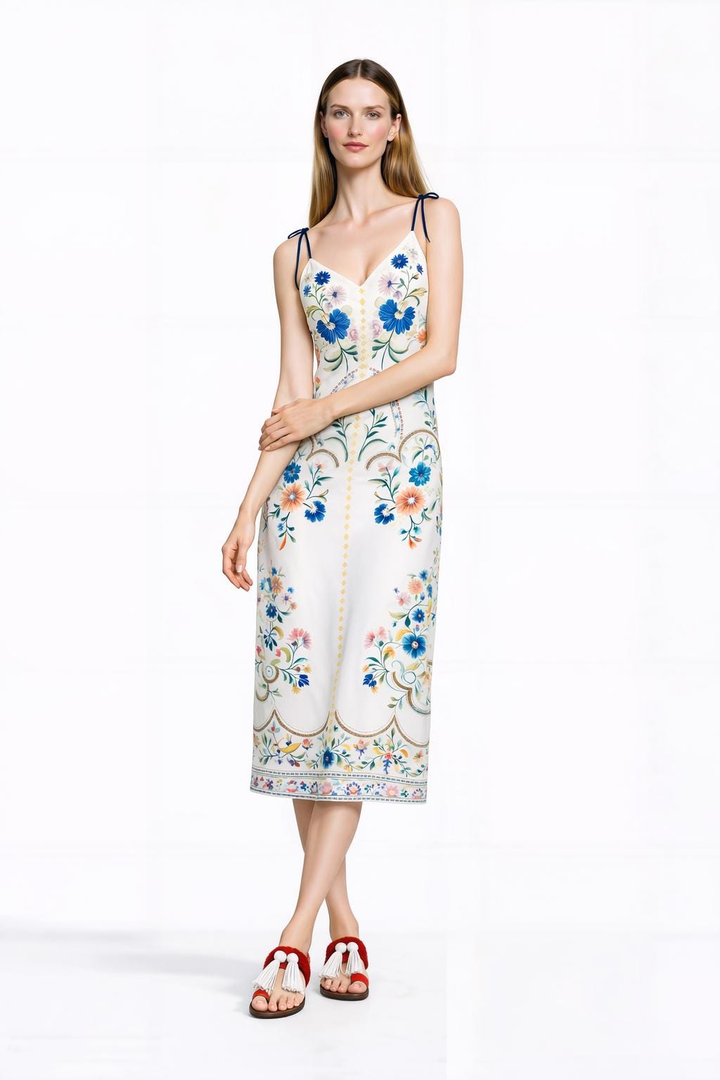 White and Blue Floral Midi Slip Dress with Adjustable Tie Straps Ornamental Print