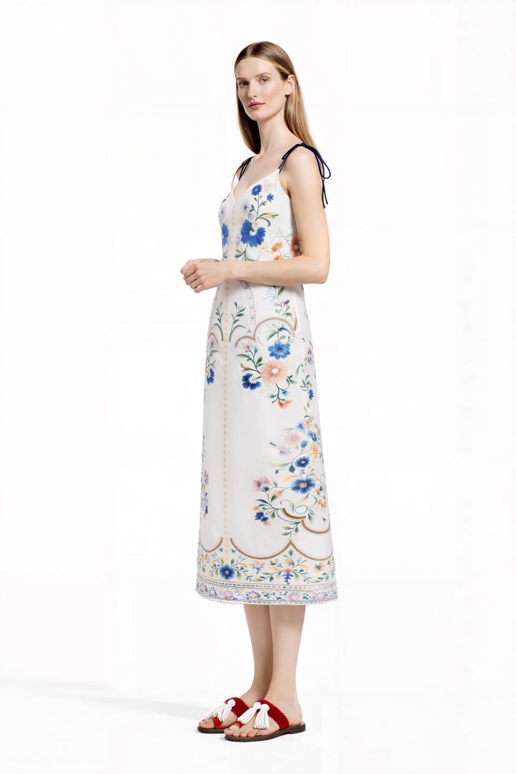 White and Blue Floral Midi Slip Dress with Adjustable Tie Straps Ornamental Print