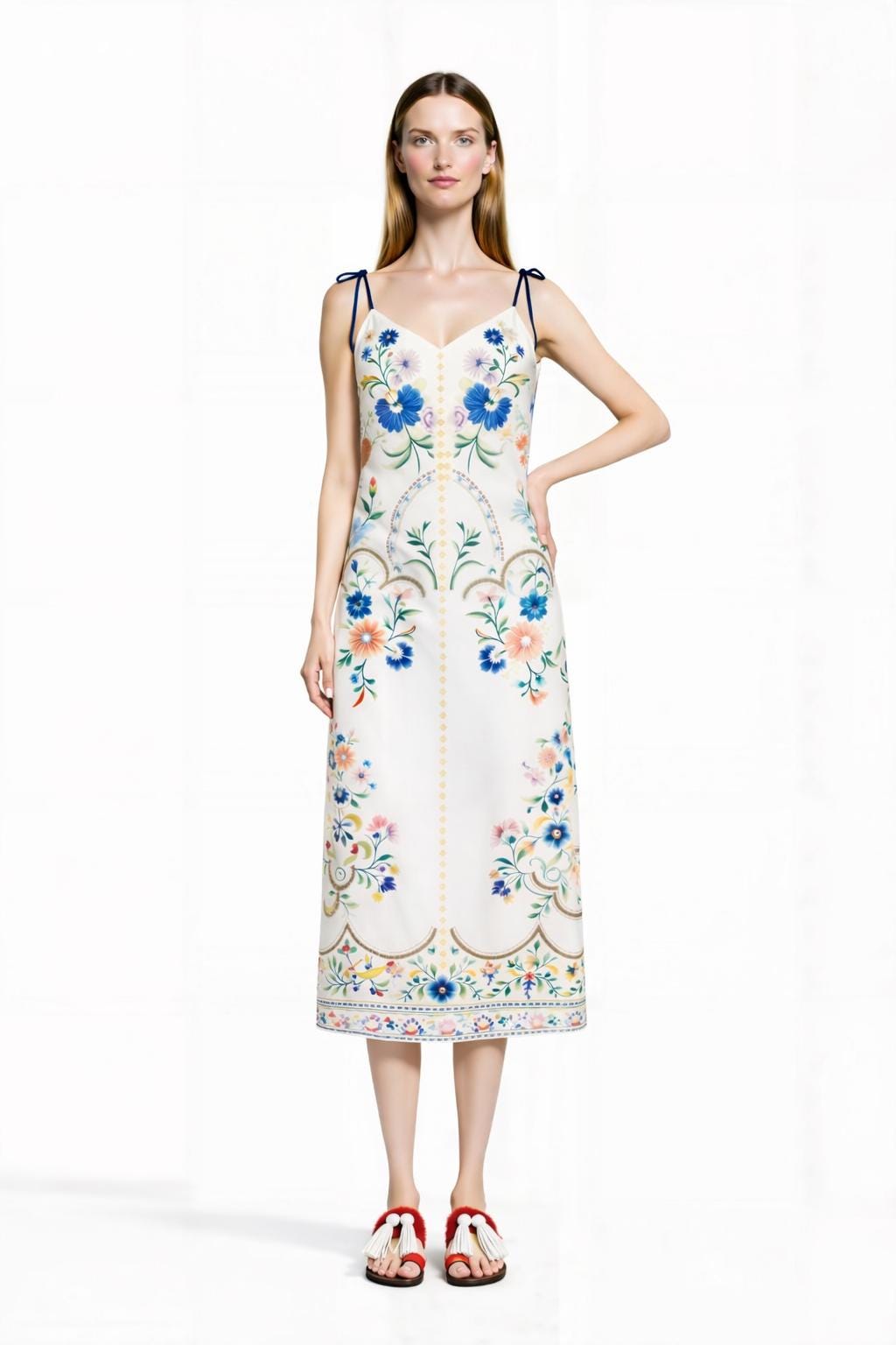 White and Blue Floral Midi Slip Dress with Adjustable Tie Straps Ornamental Print