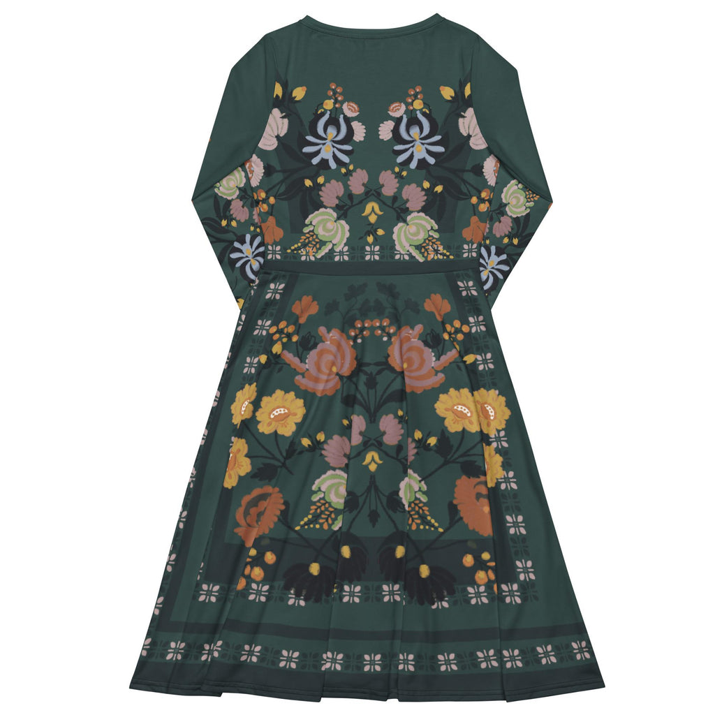Dark Green Floral Midi Dress, Long Sleeve A-Line Folk Print, Garden Party Pocket Dress
