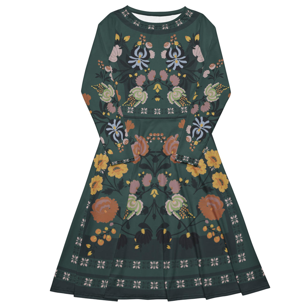 Dark Green Floral Midi Dress, Long Sleeve A-Line Folk Print, Garden Party Pocket Dress