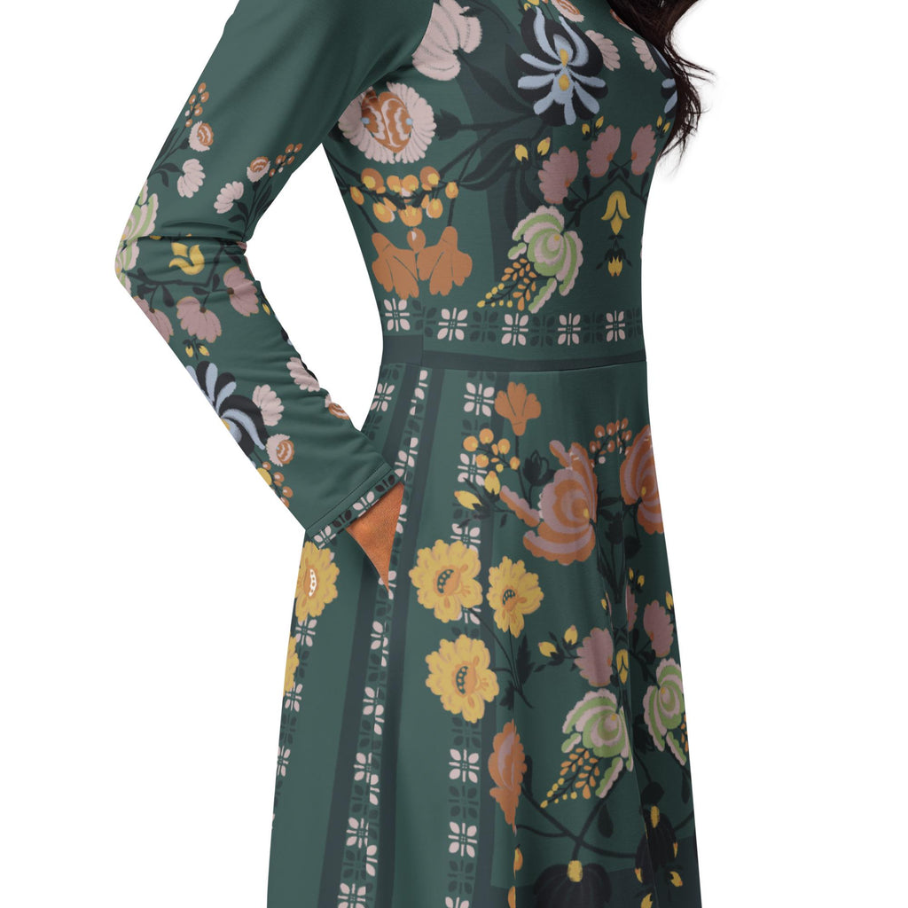 Dark Green Floral Midi Dress, Long Sleeve A-Line Folk Print, Garden Party Pocket Dress