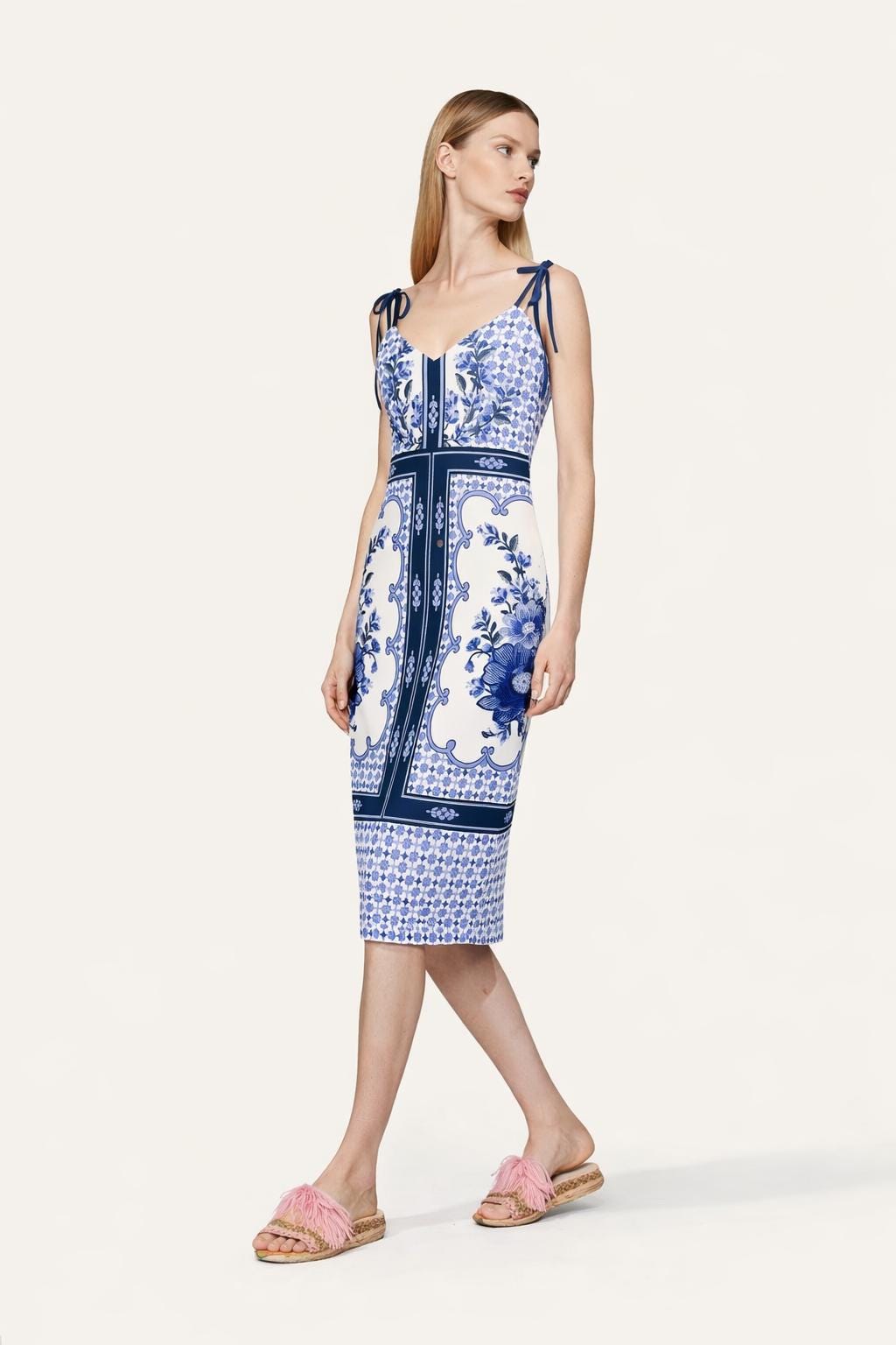 Blue Floral Panel Print Midi Dress, Sleeveless Summer Resort Style __etsy:7645262826