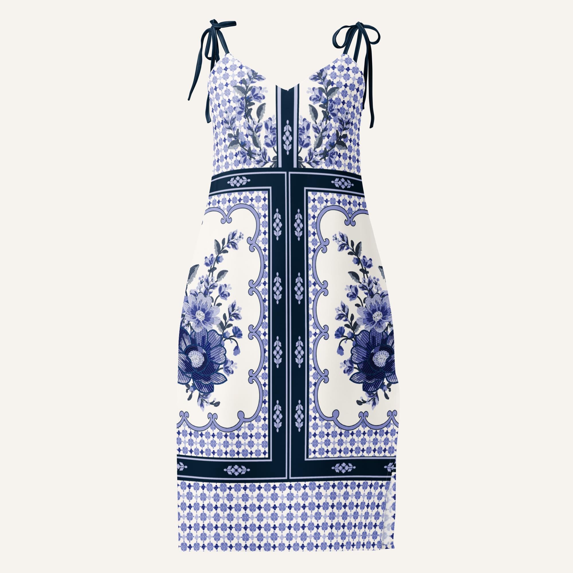 Blue Floral Panel Print Midi Dress, Sleeveless Summer Resort Style __etsy:7645273438