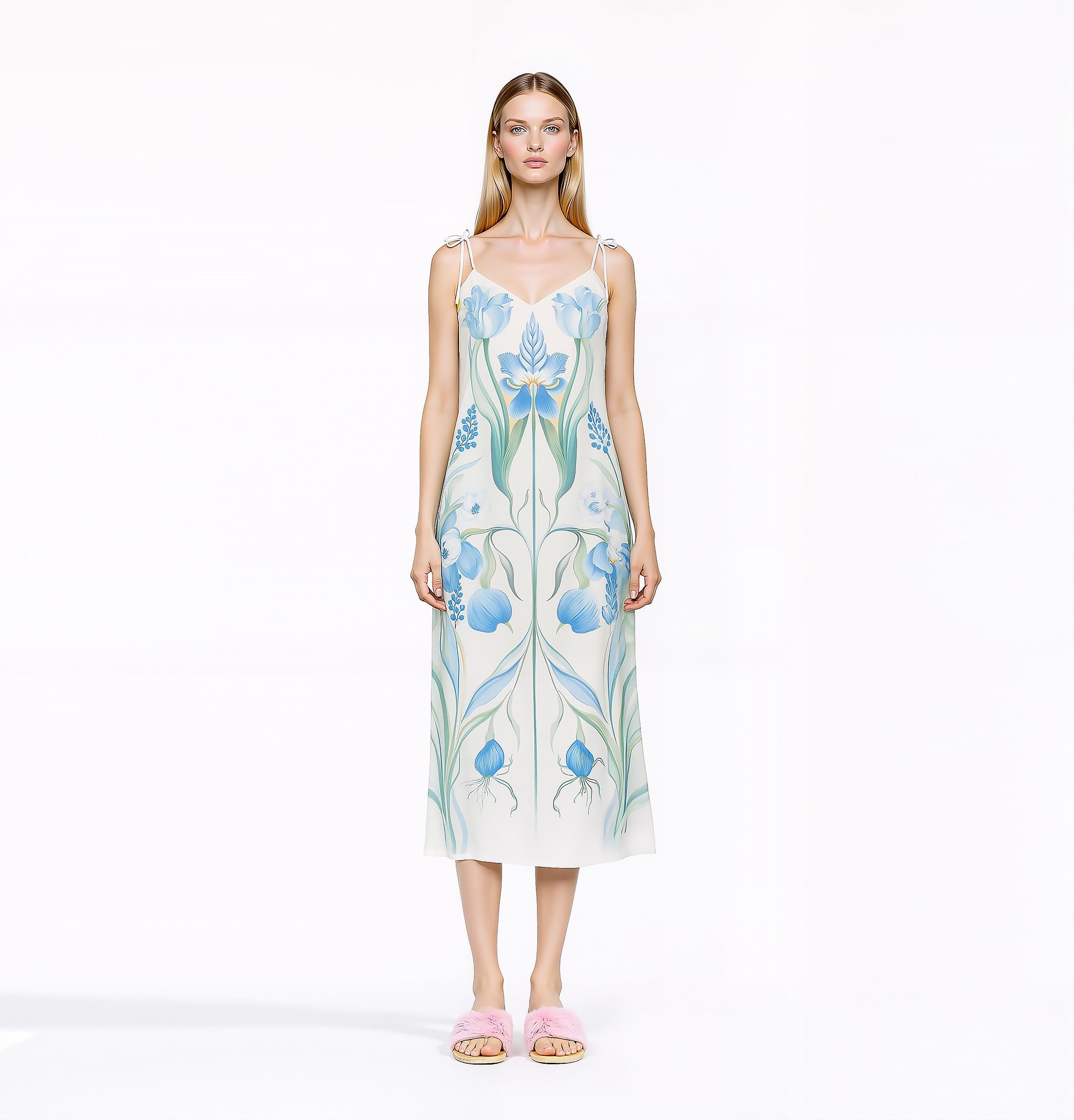 Blue Botanical Floral Midi Slip Dress with Adjustable Tie Straps __etsy:7656302364