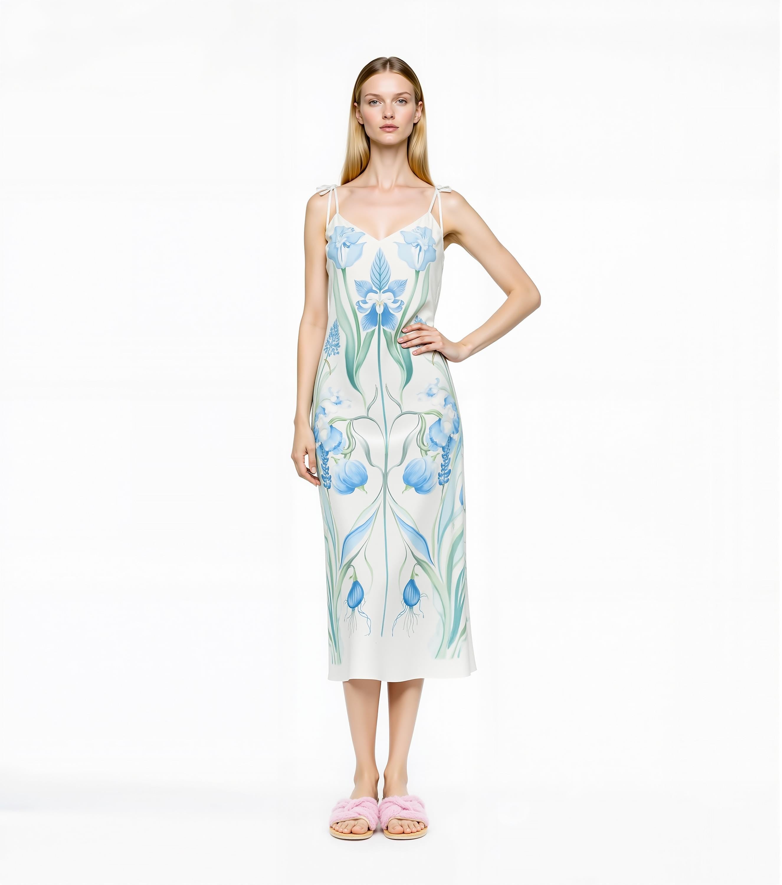 Blue Botanical Floral Midi Slip Dress with Adjustable Tie Straps __etsy:7656302368