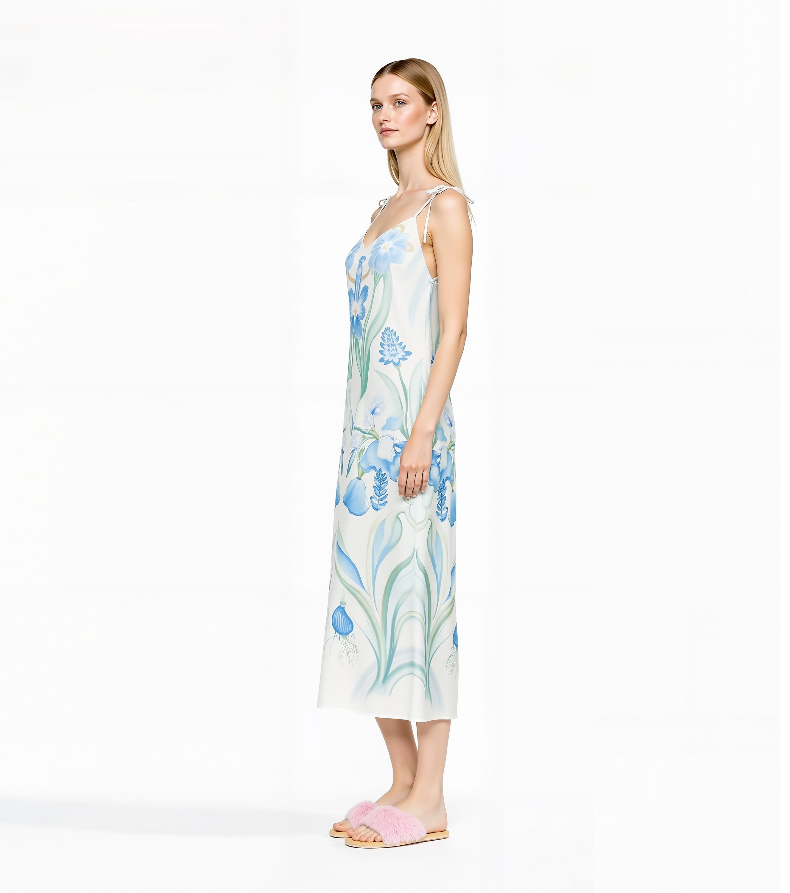 Blue Botanical Floral Midi Slip Dress with Adjustable Tie Straps __etsy:7656302384