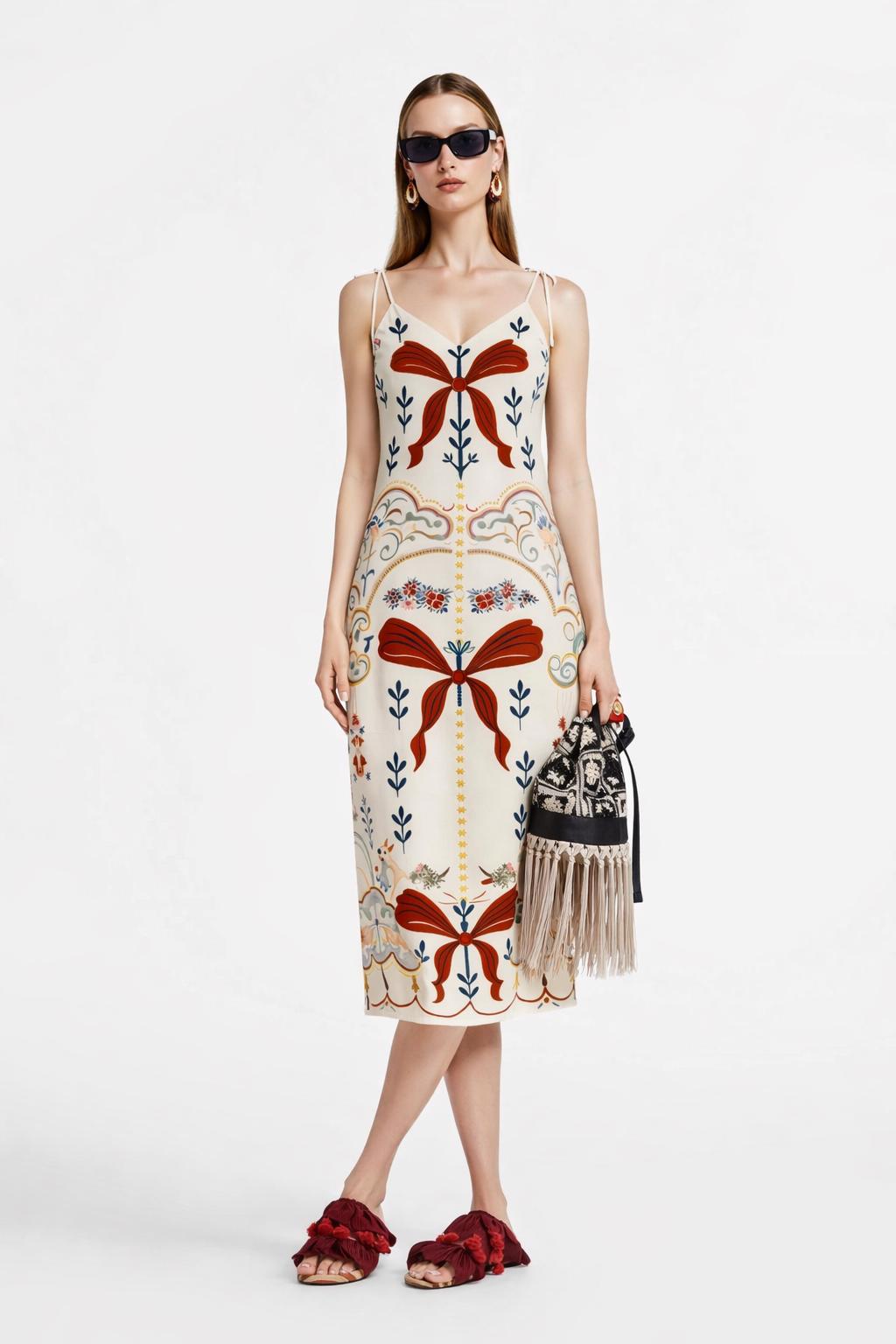 Ivory Ribbon Print Midi Slip Dress with Adjustable Tie Straps Ornamental Floral Design __etsy:7683410938