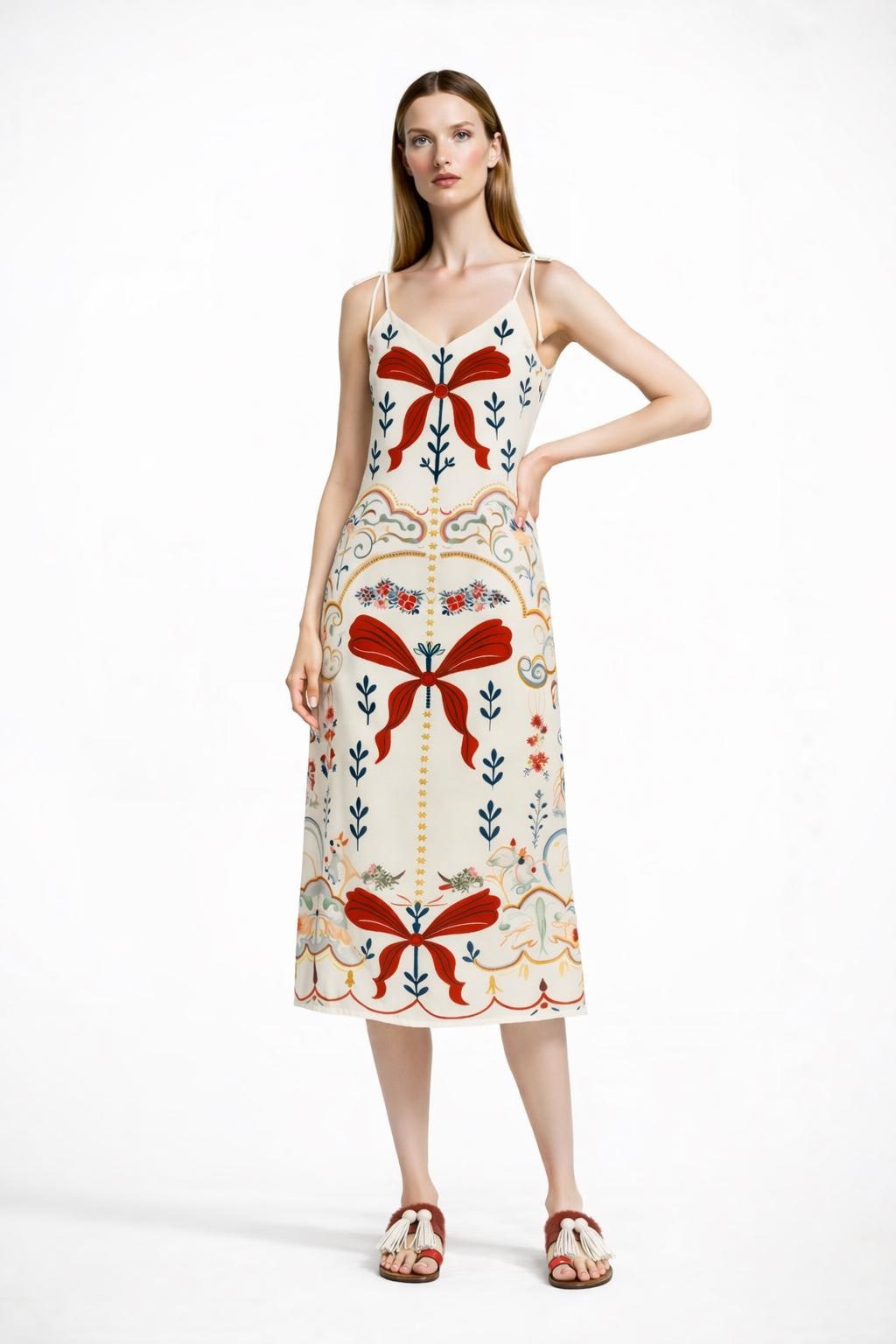 Ivory Ribbon Print Midi Slip Dress with Adjustable Tie Straps Ornamental Floral Design __etsy:7683410940