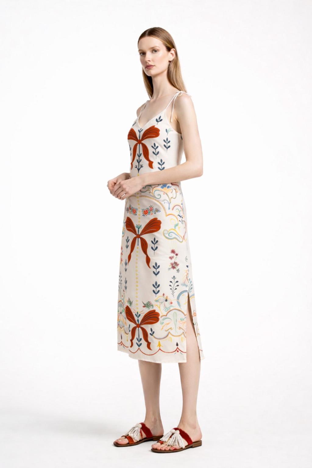 Ivory Ribbon Print Midi Slip Dress with Adjustable Tie Straps Ornamental Floral Design __etsy:7683411038