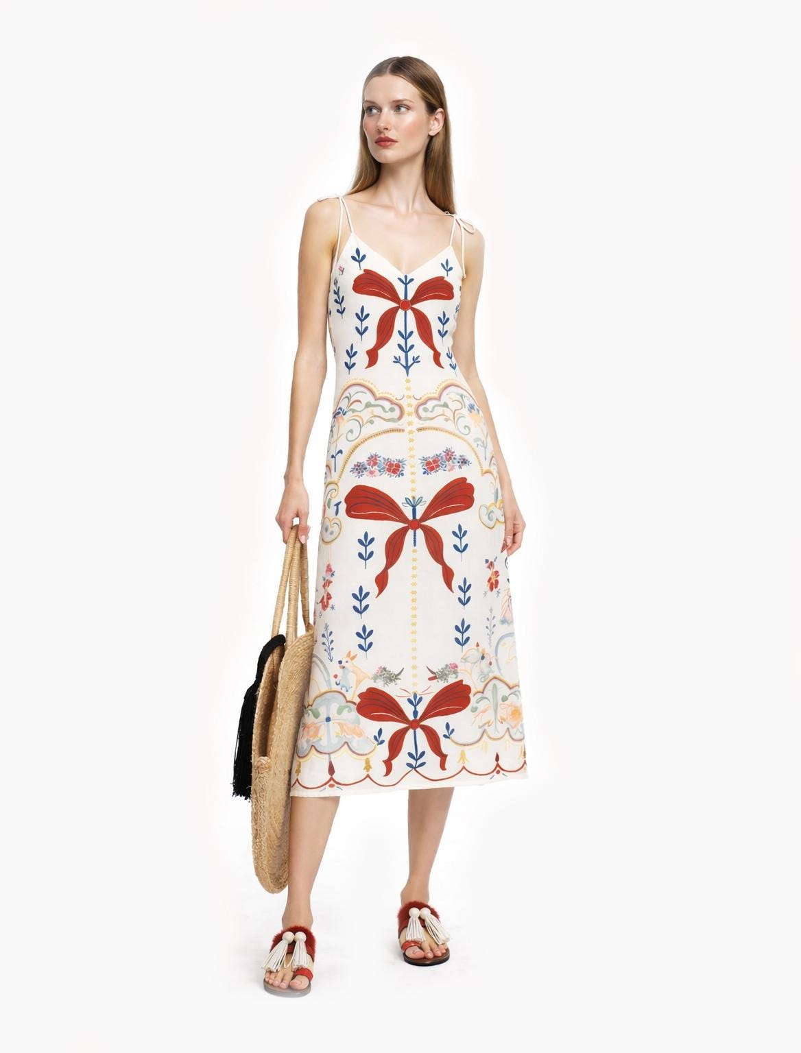 Ivory Ribbon Print Midi Slip Dress with Adjustable Tie Straps Ornamental Floral Design __etsy:7686624806